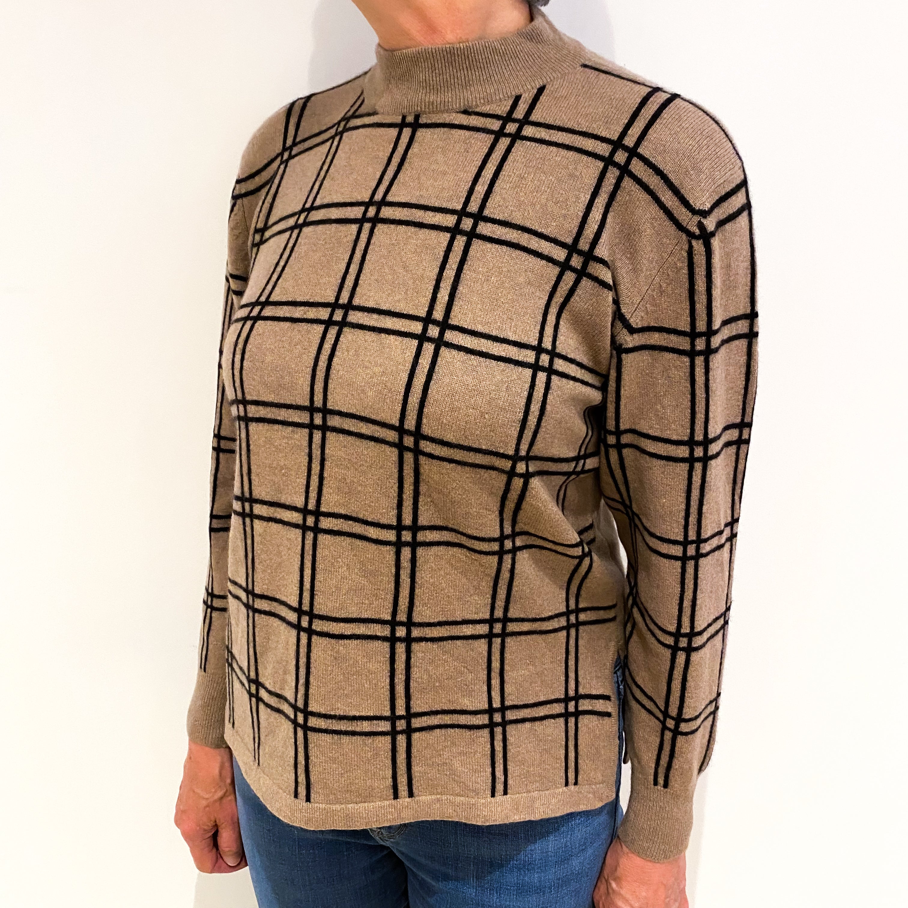 Fudge Brown Checked Cashmere Turtle Neck Jumper Medium