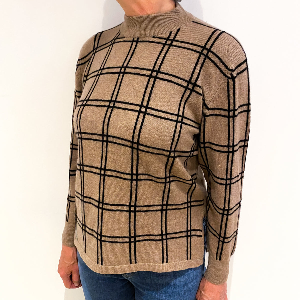 Fudge Brown Checked Cashmere Turtle Neck Jumper Medium