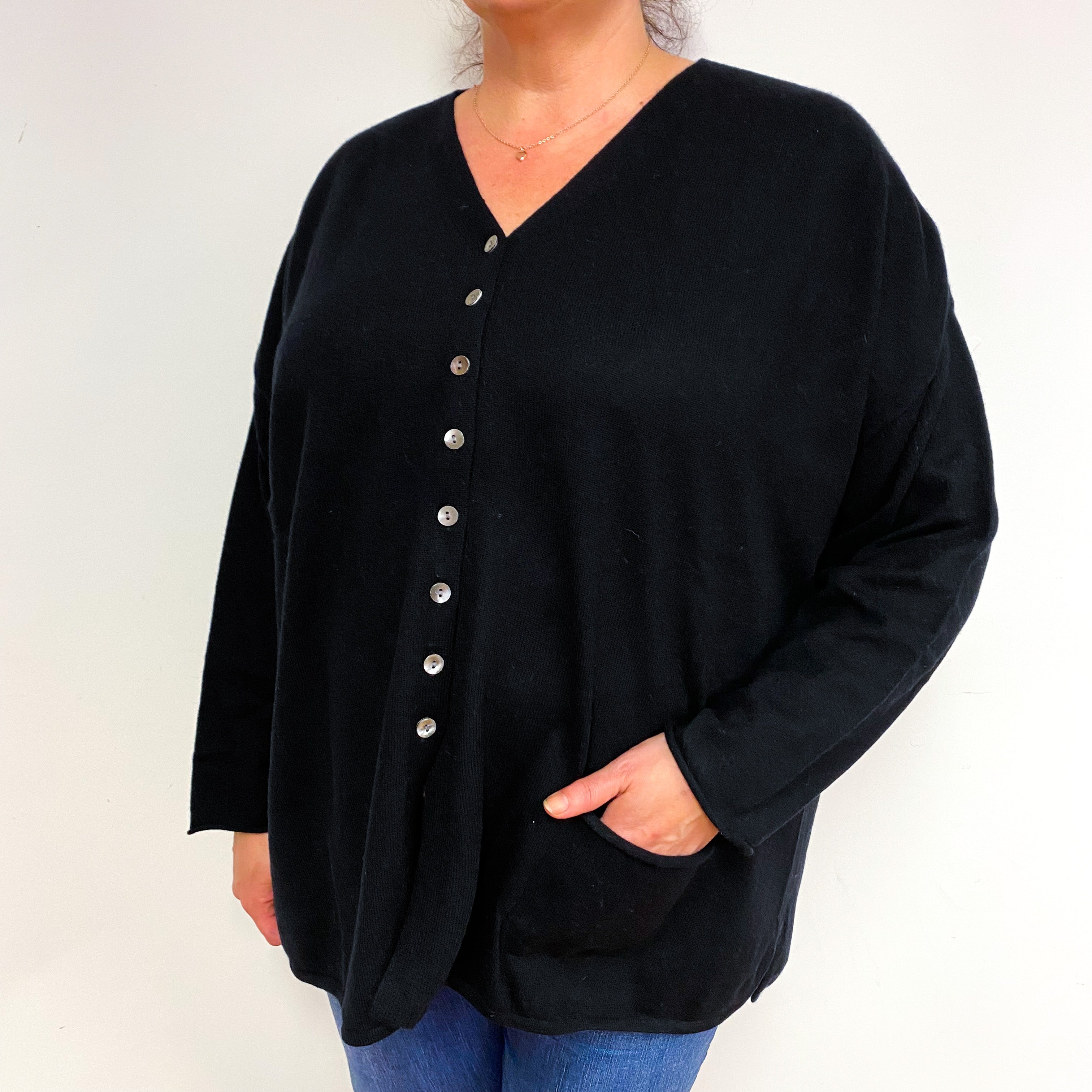 Black Cashmere V-Neck Cardigan with Pockets XXXL
