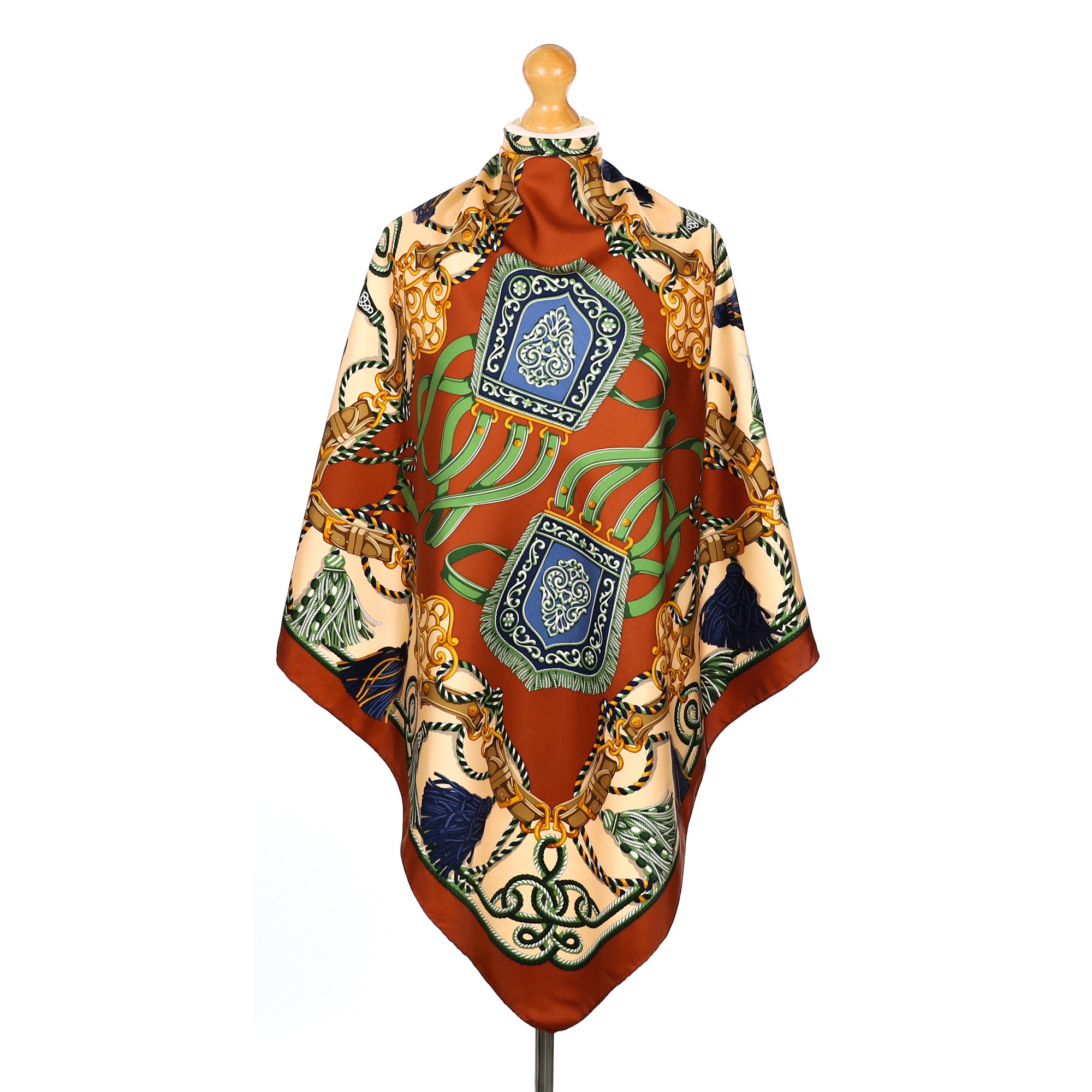 Renard Traditional Brown & Green Design Vintage Silk Scarf