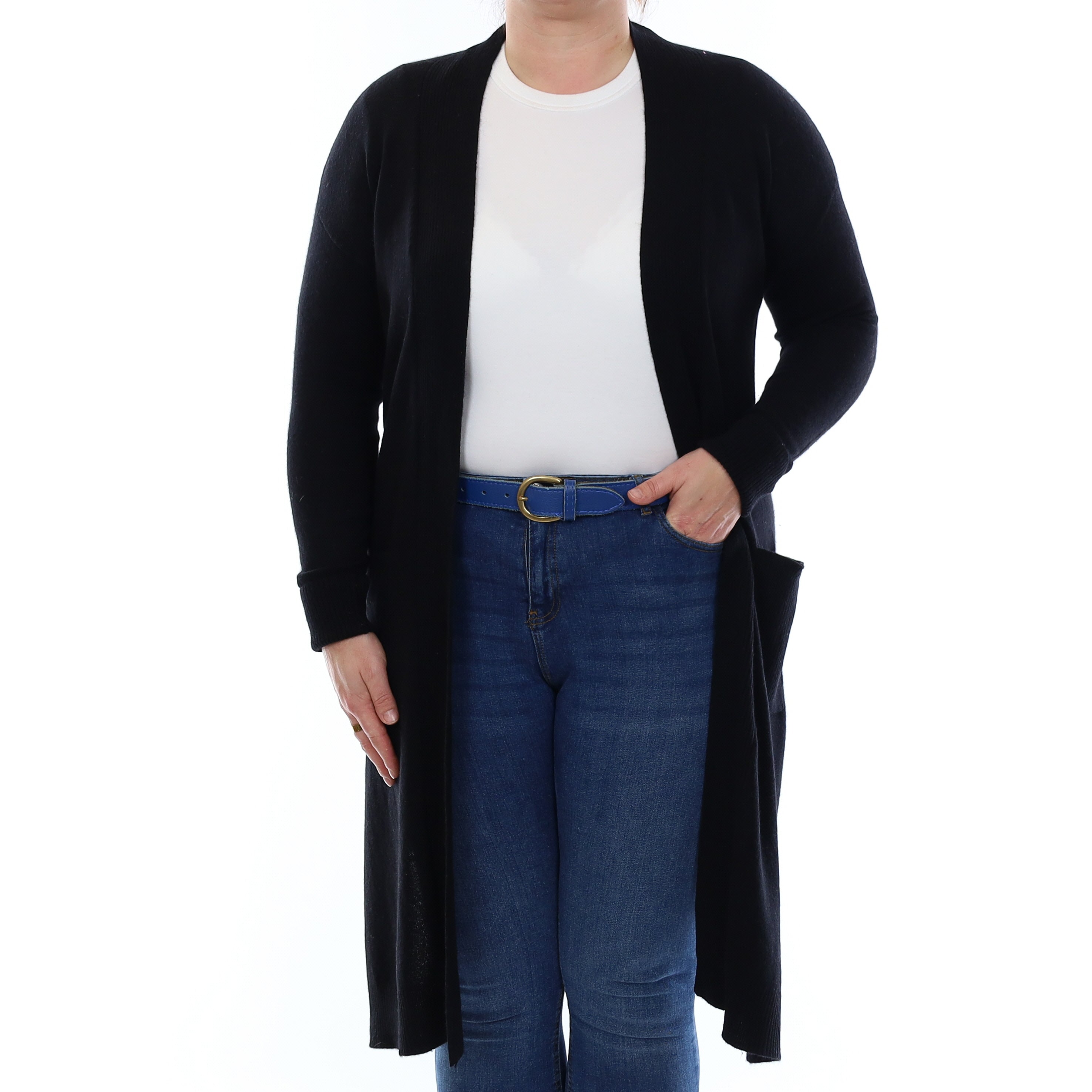 Black Cashmere Long Edge to Edge Cardigan with Pockets Large