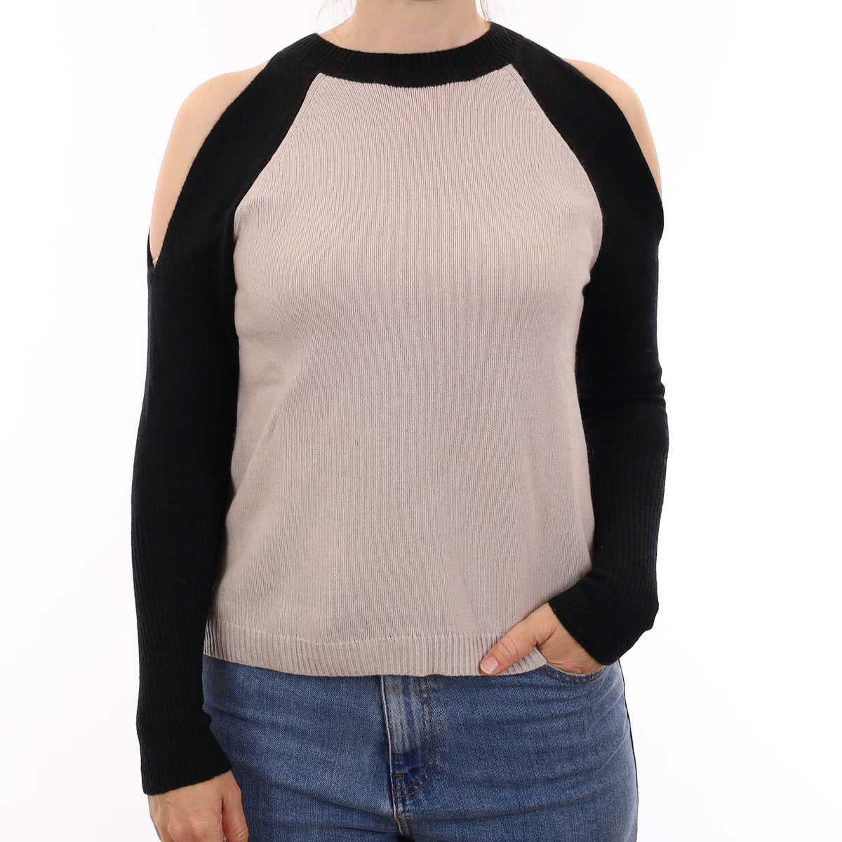 Frost Grey Colour Block Cashmere Cold Shoulder Crew Neck Jumper Small