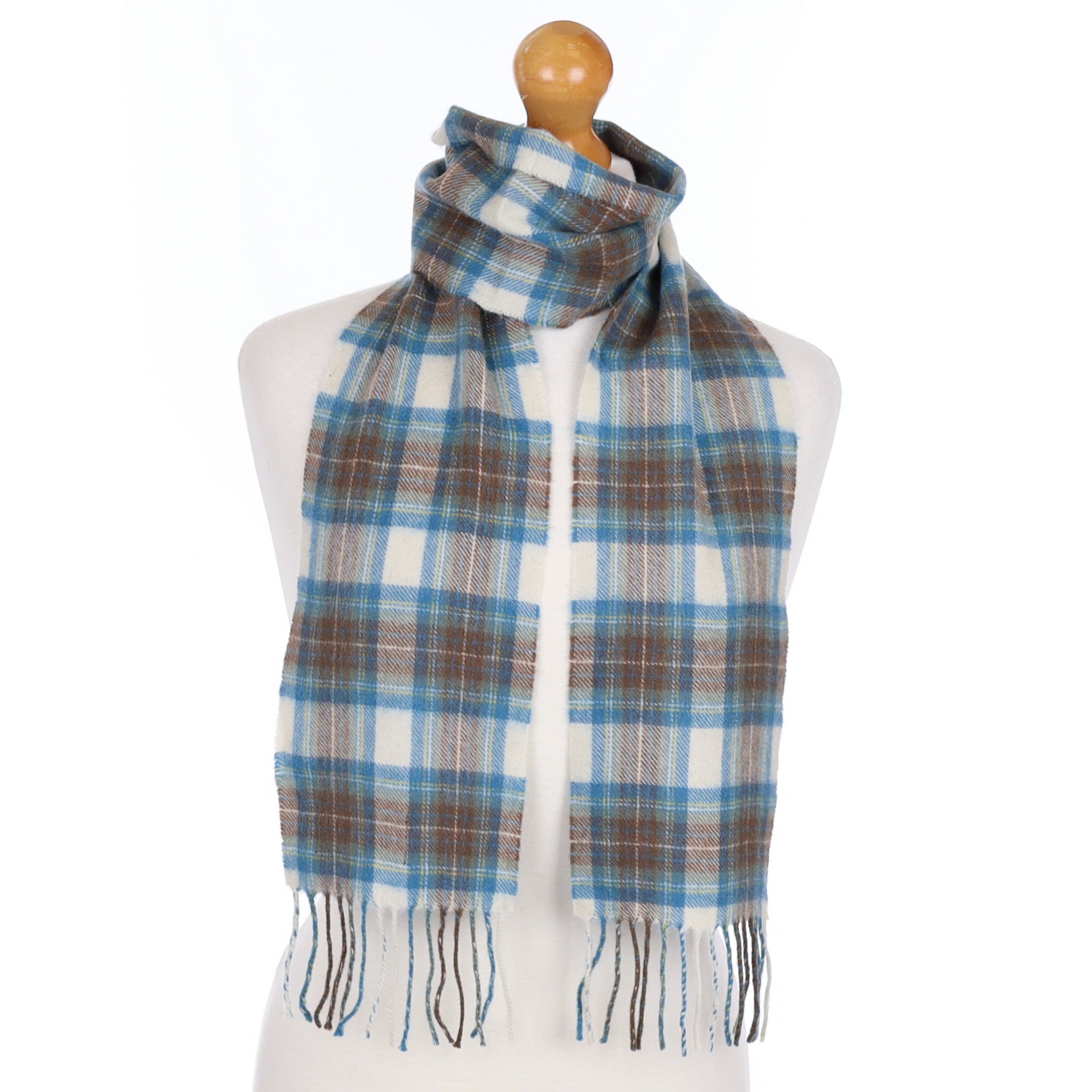 Aqua and Cream Check Cashmere Tasselled Woven Scarf