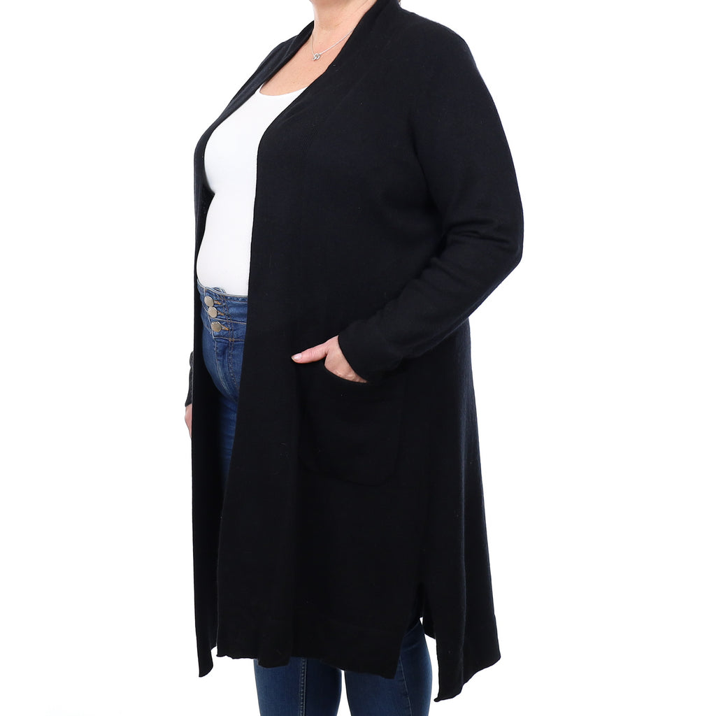 Black Cashmere Longline Edge to Edge Cardigan with pockets Extra Large