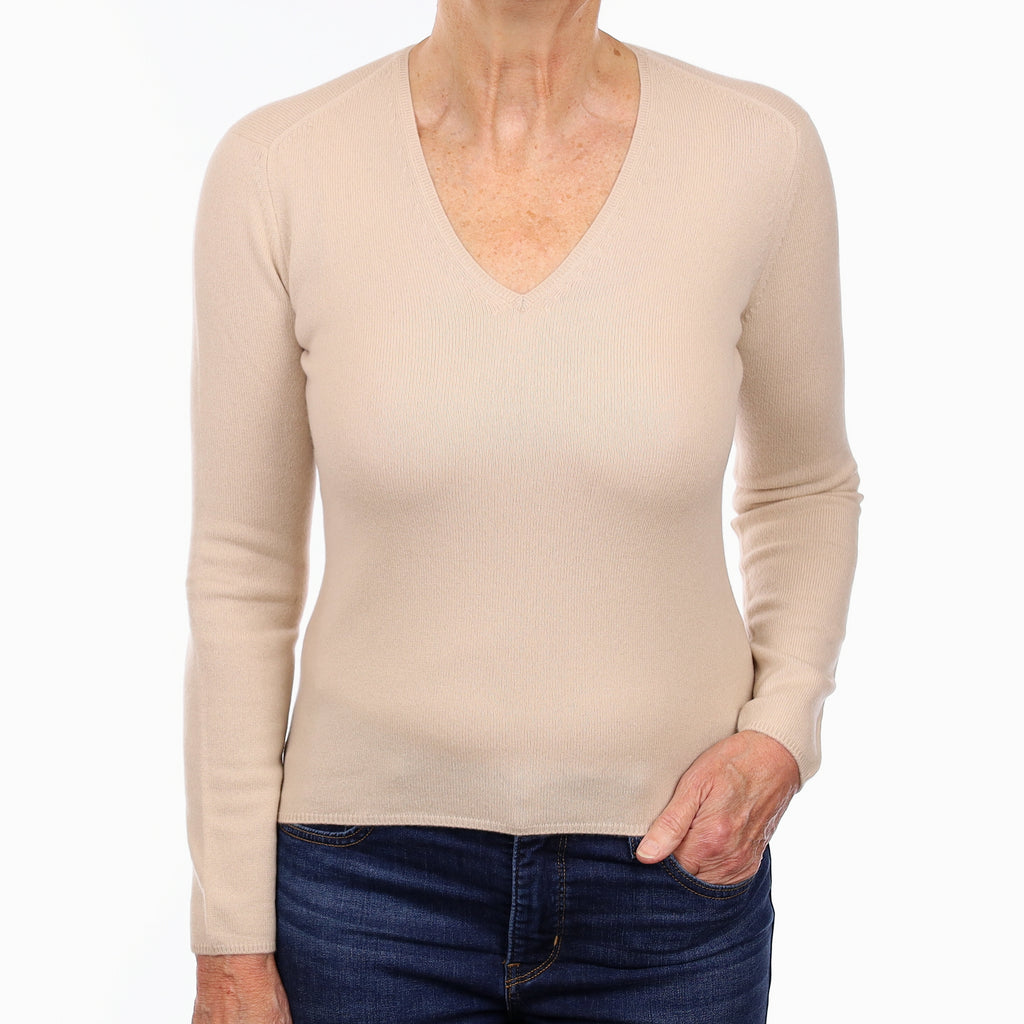 Beige Cashmere V Neck Jumper Medium
