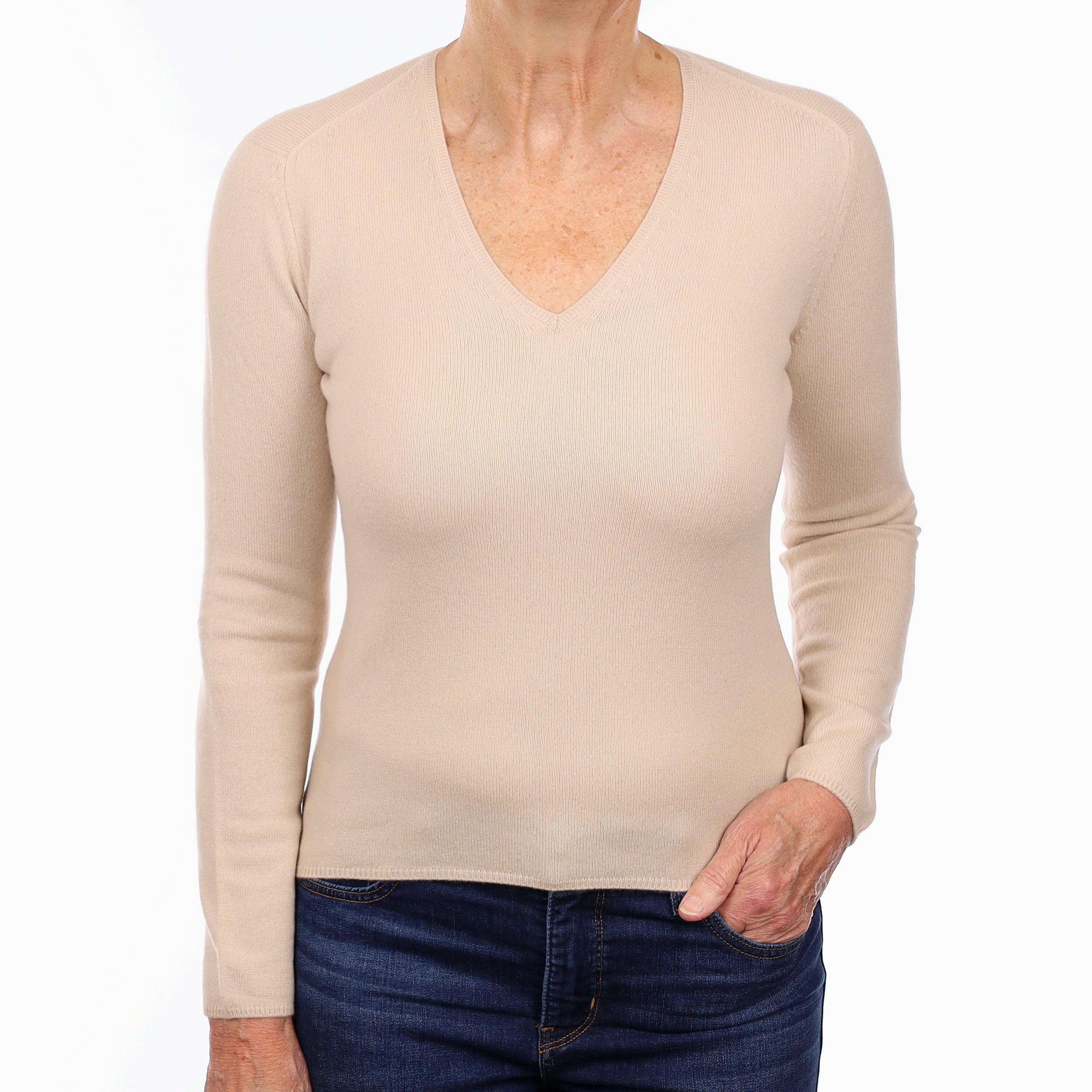 Beige Cashmere V Neck Jumper Medium