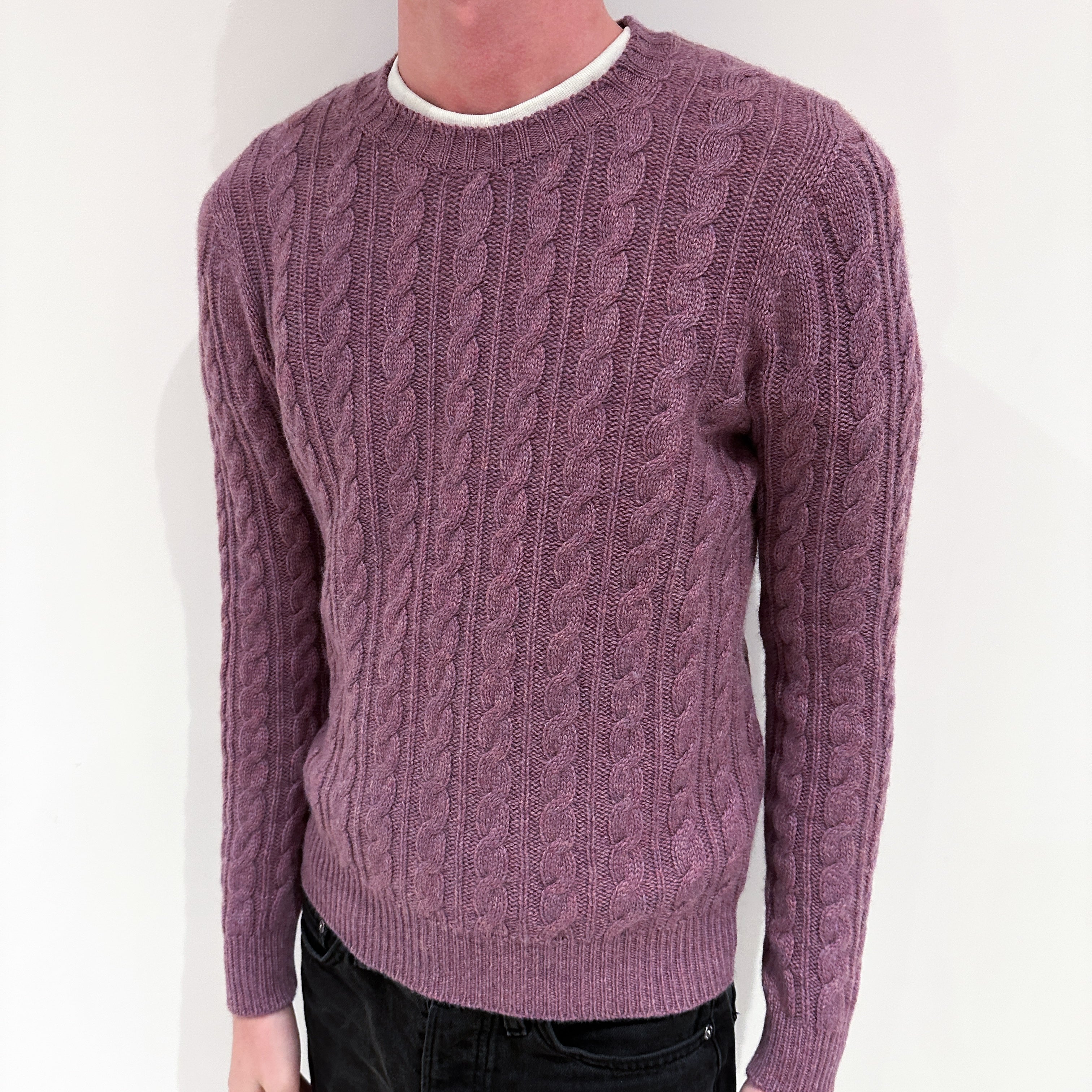 Men's Brand New Scottish Plum Purple Marl Cable Cashmere Crew Neck Jumper Small