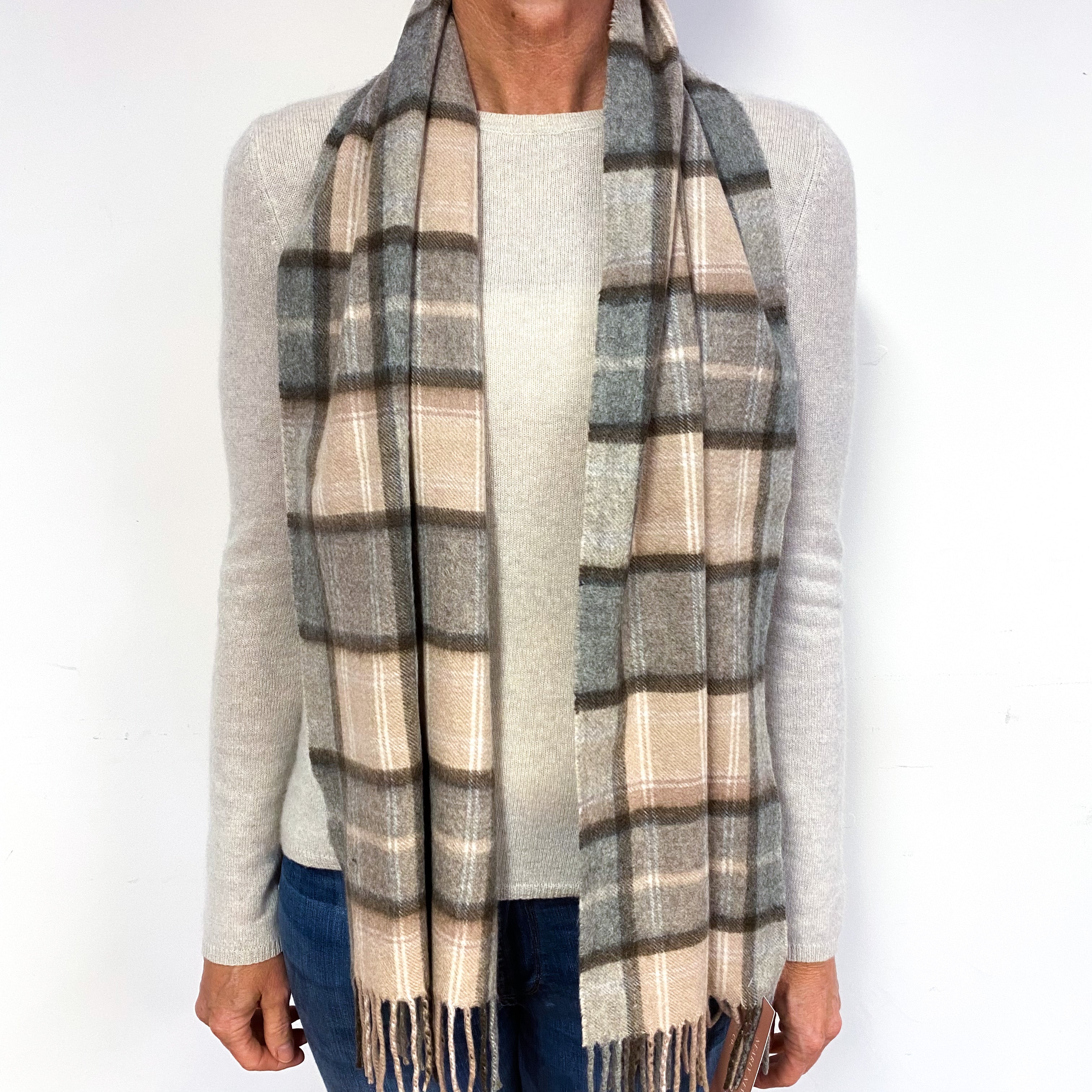 Mocha Brown Checked Fringed Cashmere Woven Scarf