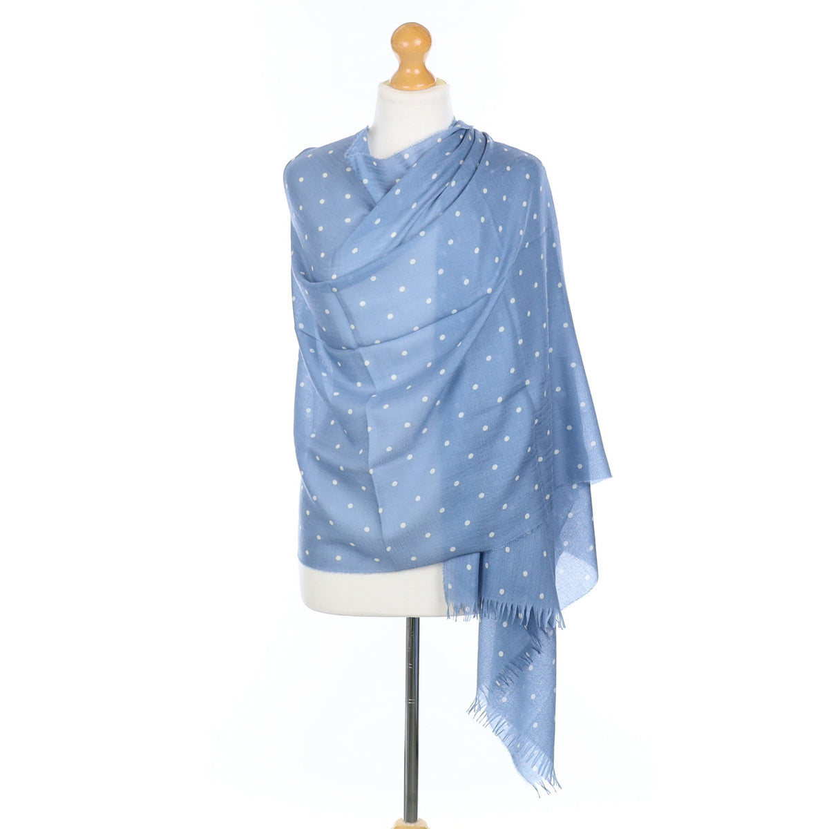 Scottish Begg & Co Denim Blue Polka Dot Fine Woven Cashmere & Silk Wrap