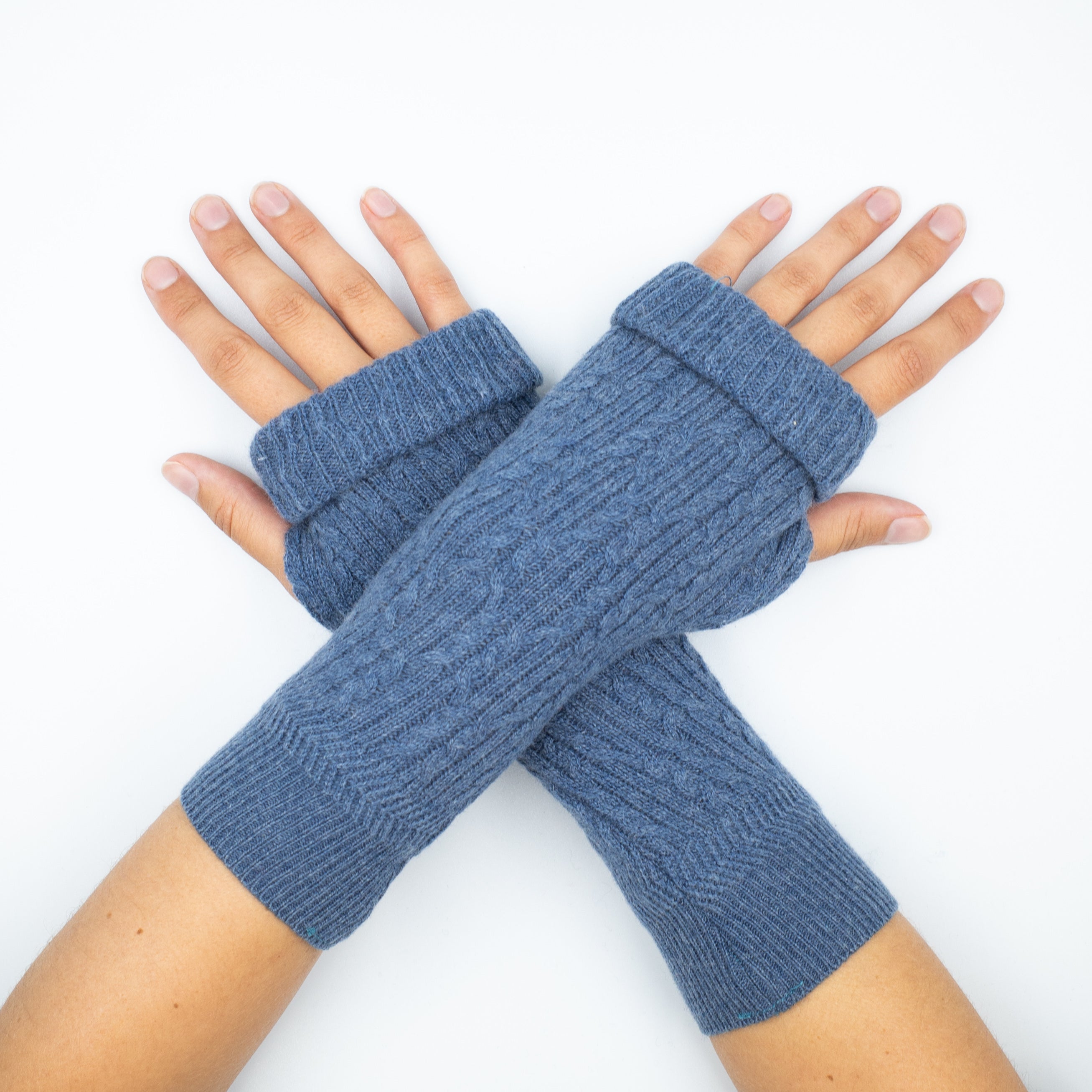 Deep Denim Blue Cable Cashmere Fingerless Gloves