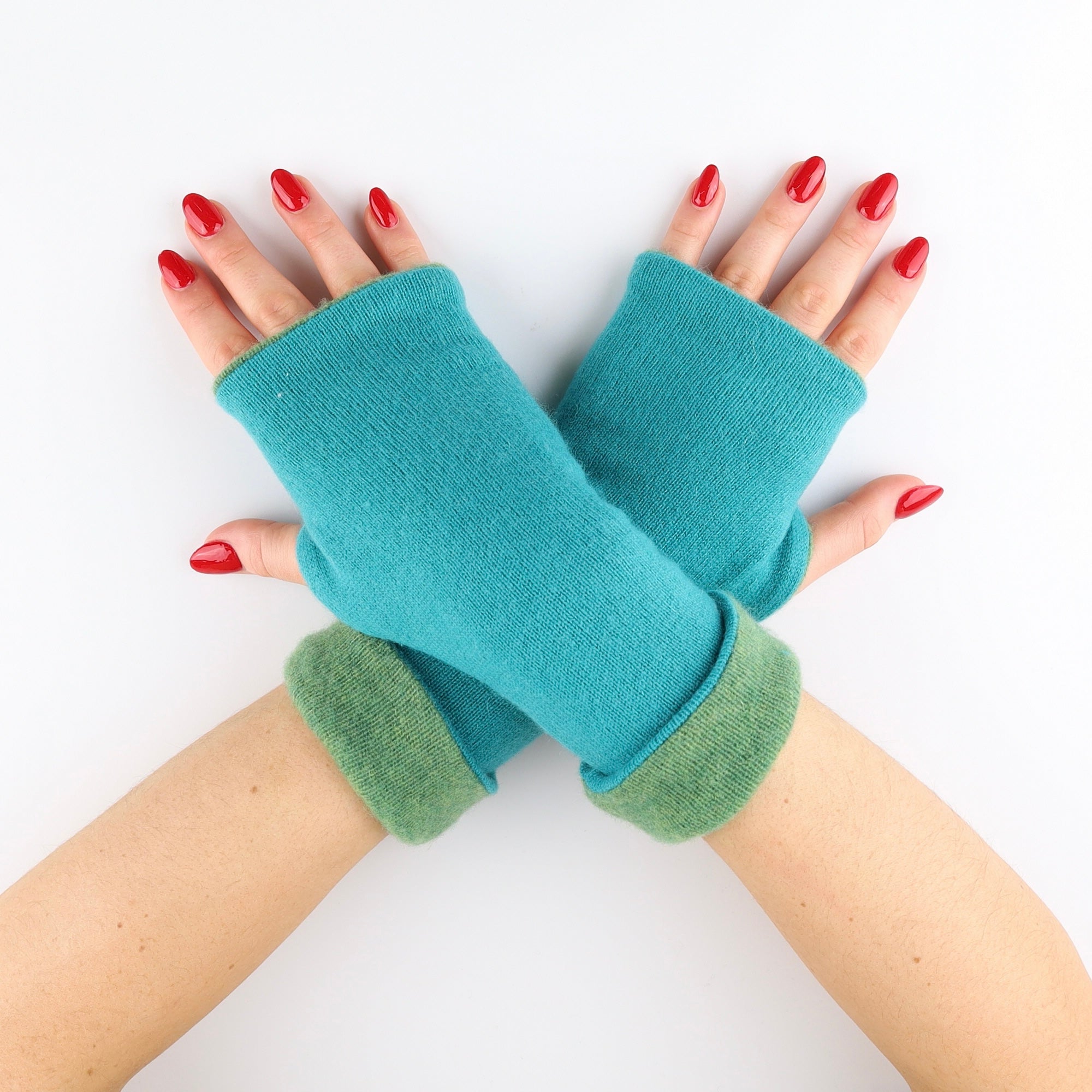 Fern and Sea Green Reversible Fingerless Gloves