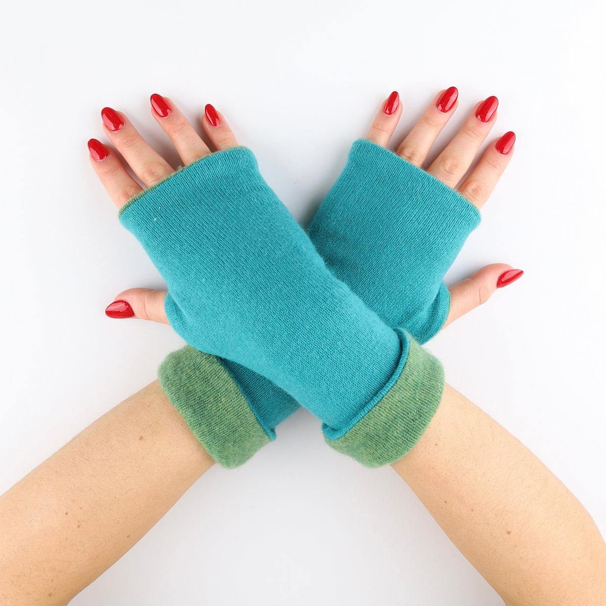 Fern and Sea Green Reversible Fingerless Gloves