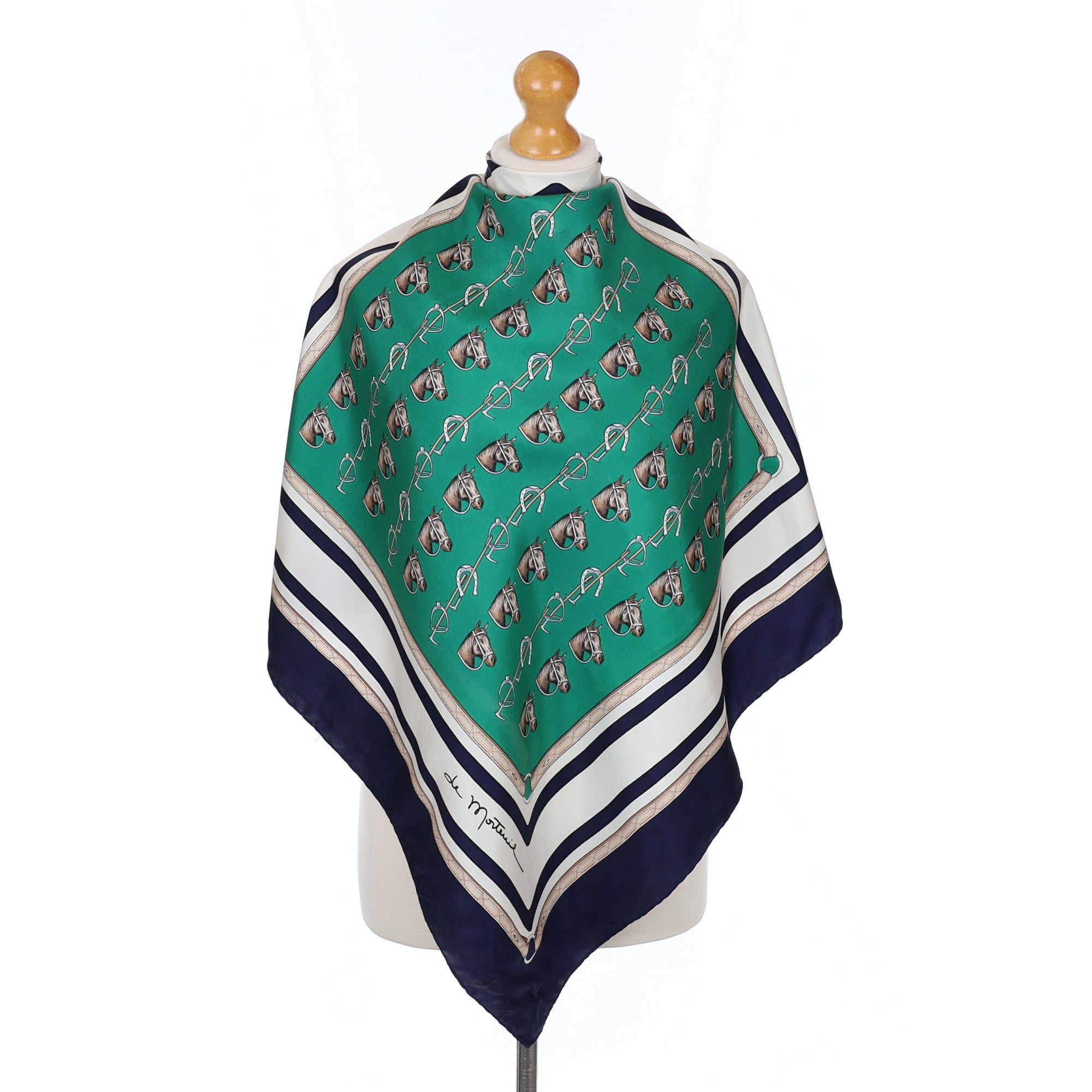 French Equestrian Green and Navy Vintage Silk Scarf
