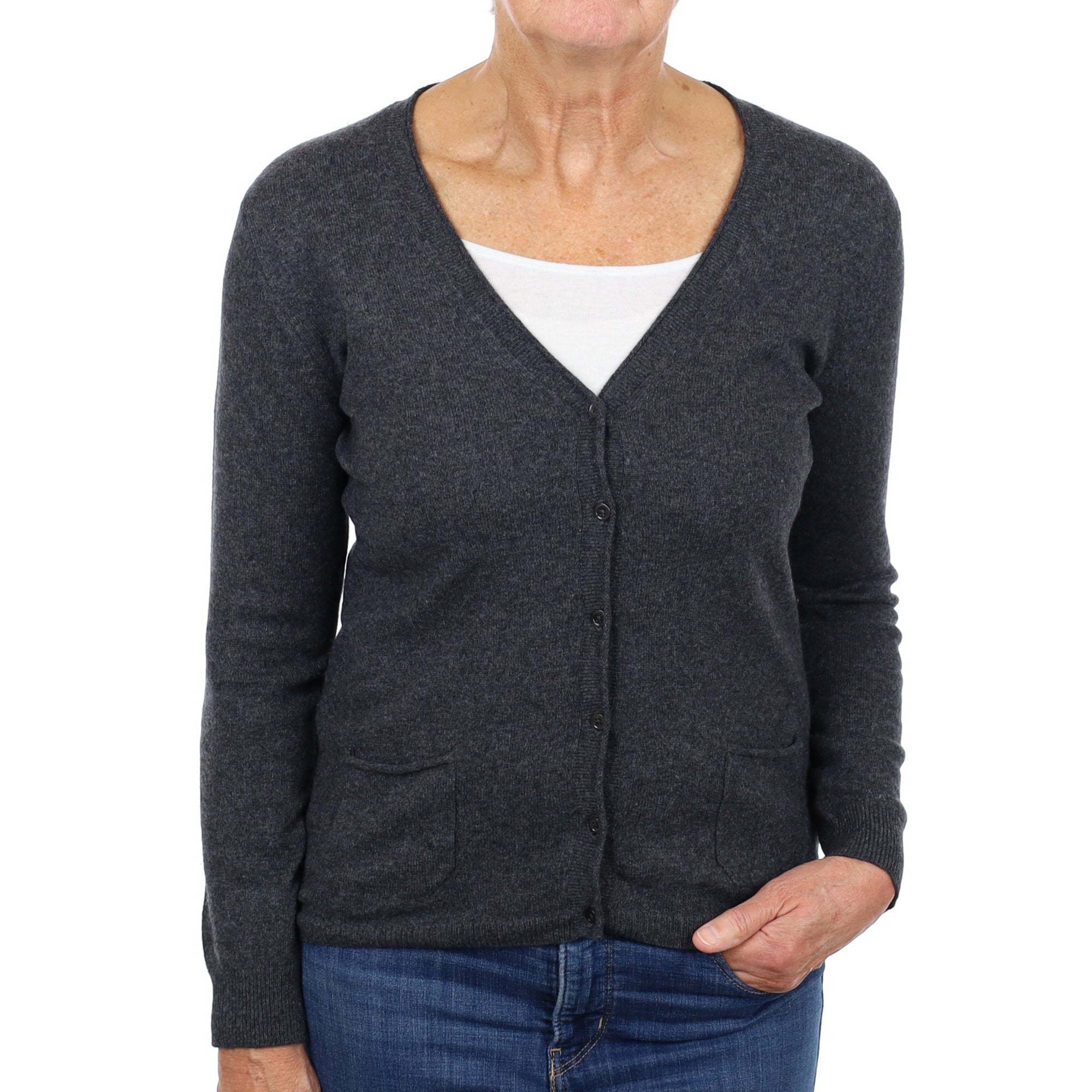 Charcoal Grey Cashmere V Neck Cardigan Medium