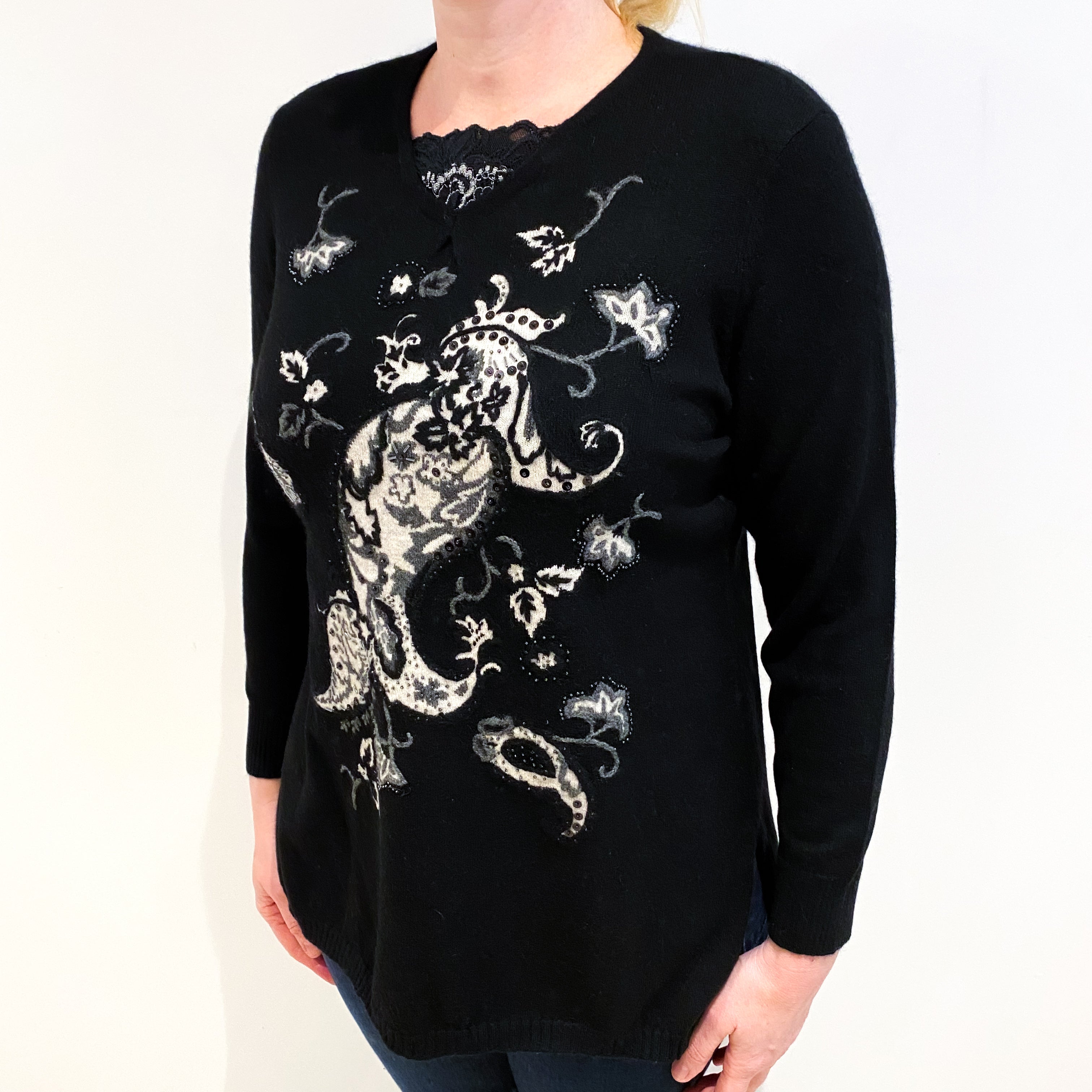 Black Paisley Design With Beading Cashmere V Neck Jumper Large