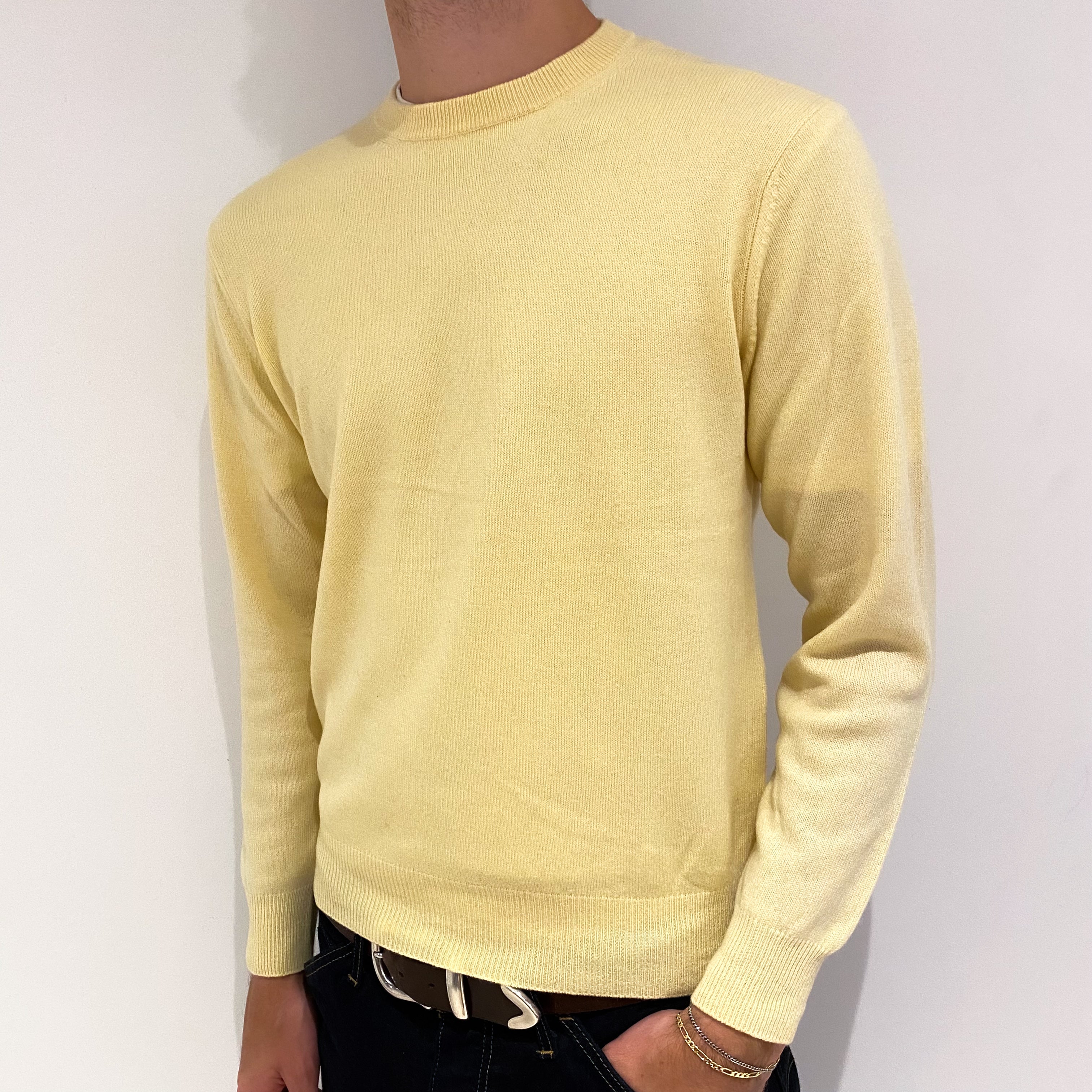 Men's Custard Yellow Cashmere Crew Neck Jumper Medium