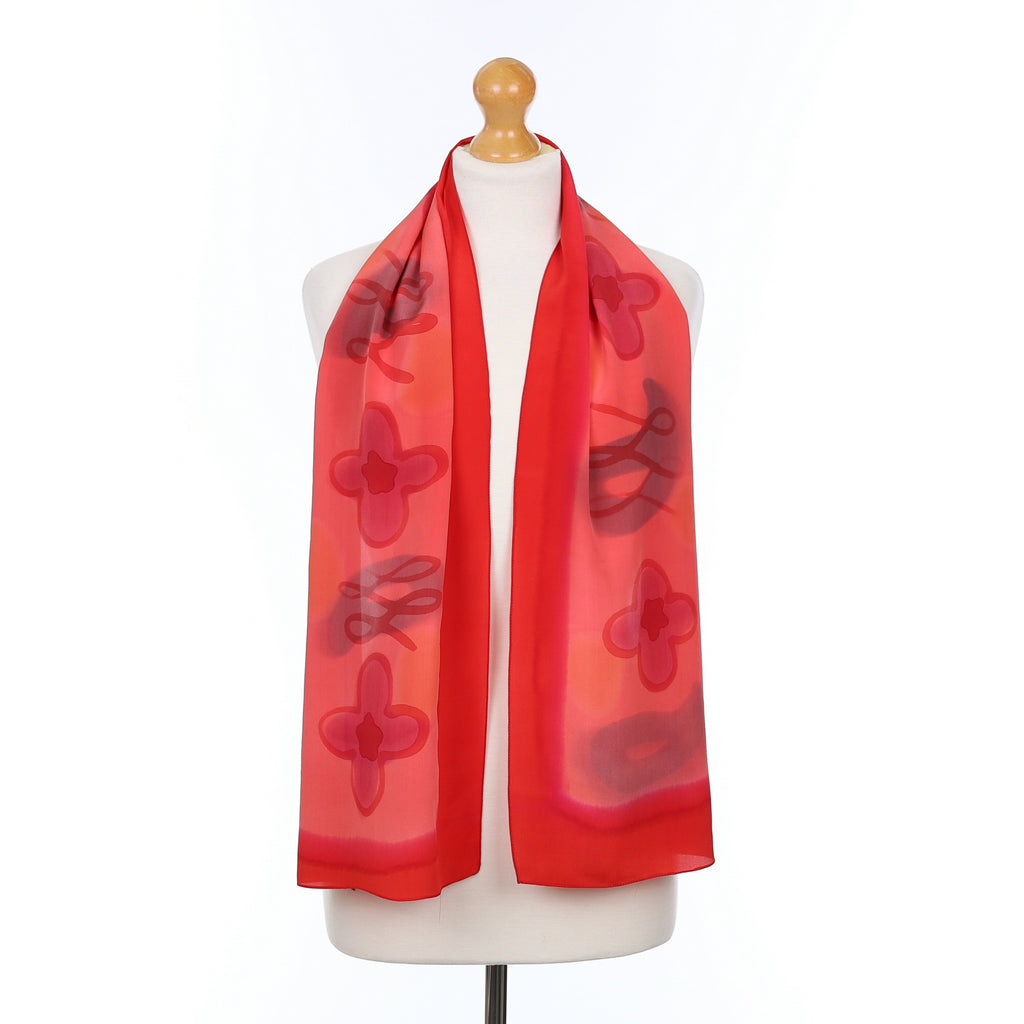 Red Patterned Long Vintage Silk Scarf