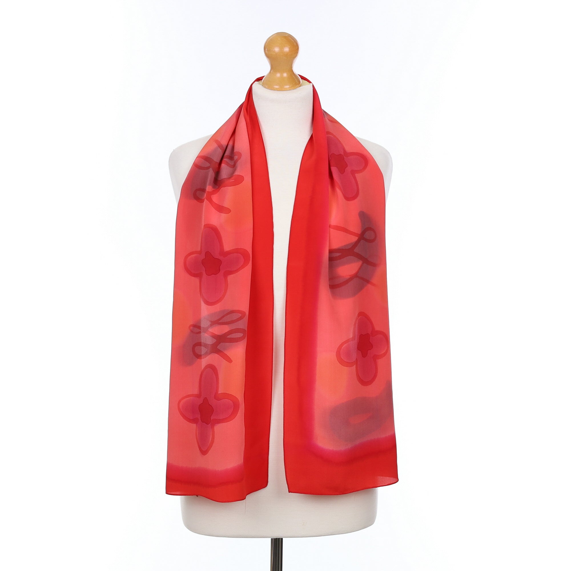 Red Patterned Long Vintage Silk Scarf