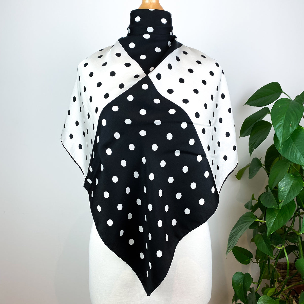 1970s Black and White Spotty Vintage Silk Scarf