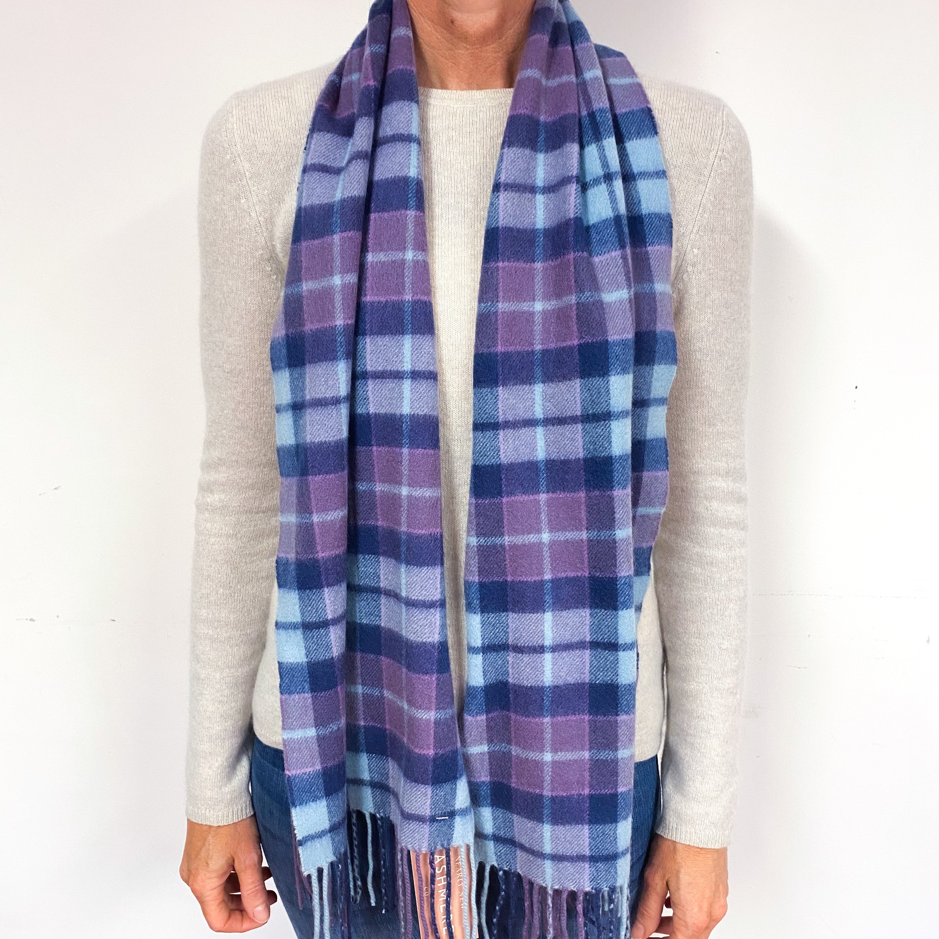 Navy Blue, Turquoise and Purple Tartan Cashmere Fringed Woven Scarf