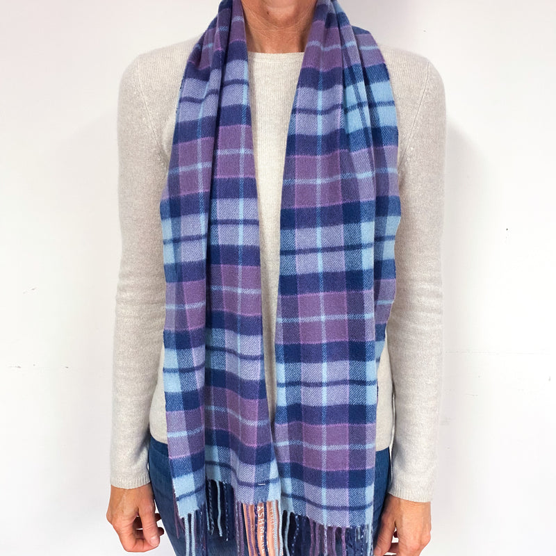 Navy Blue, Turquoise and Purple Tartan Cashmere Fringed Woven Scarf