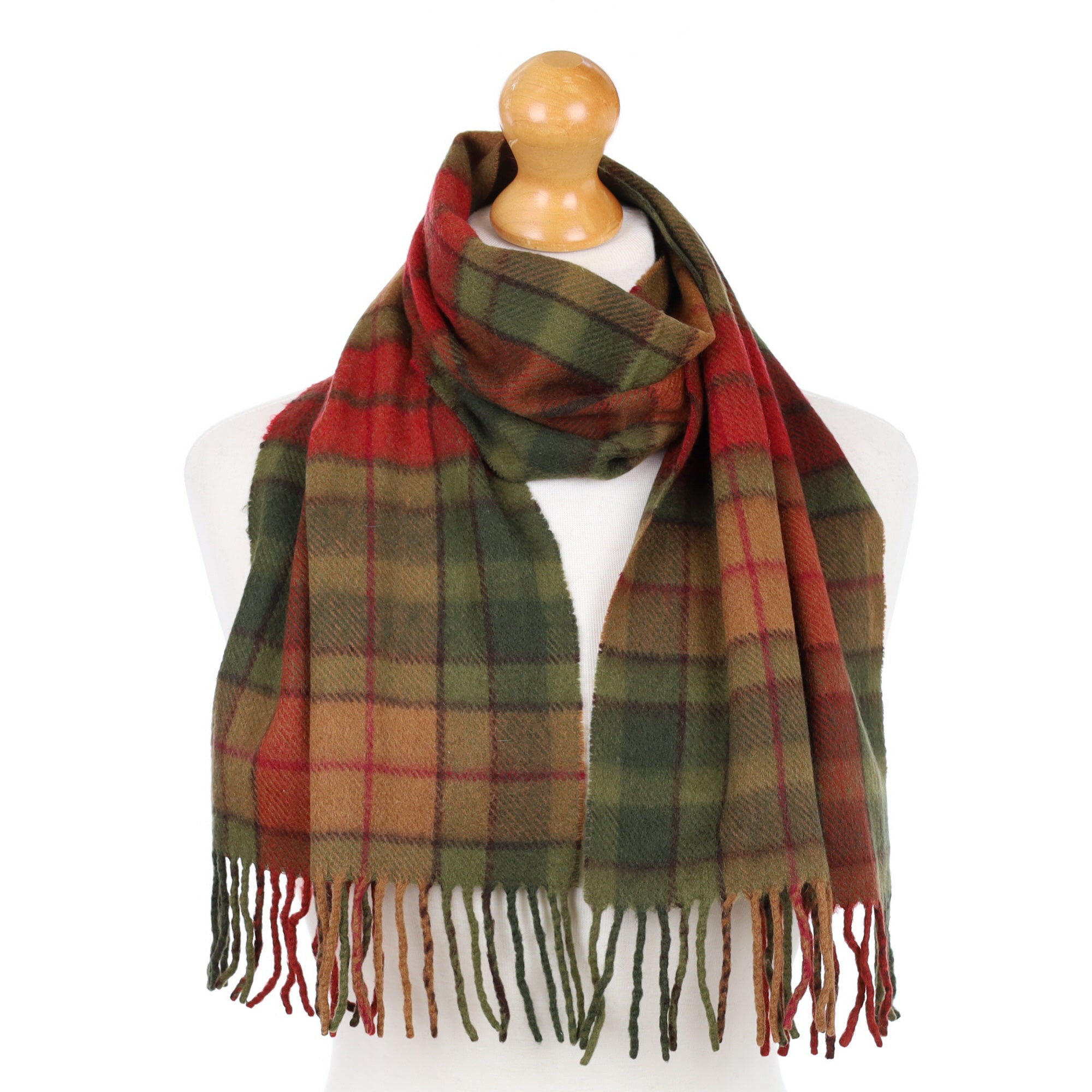 Green and Red Checked Fringed Cashmere Woven Scarf