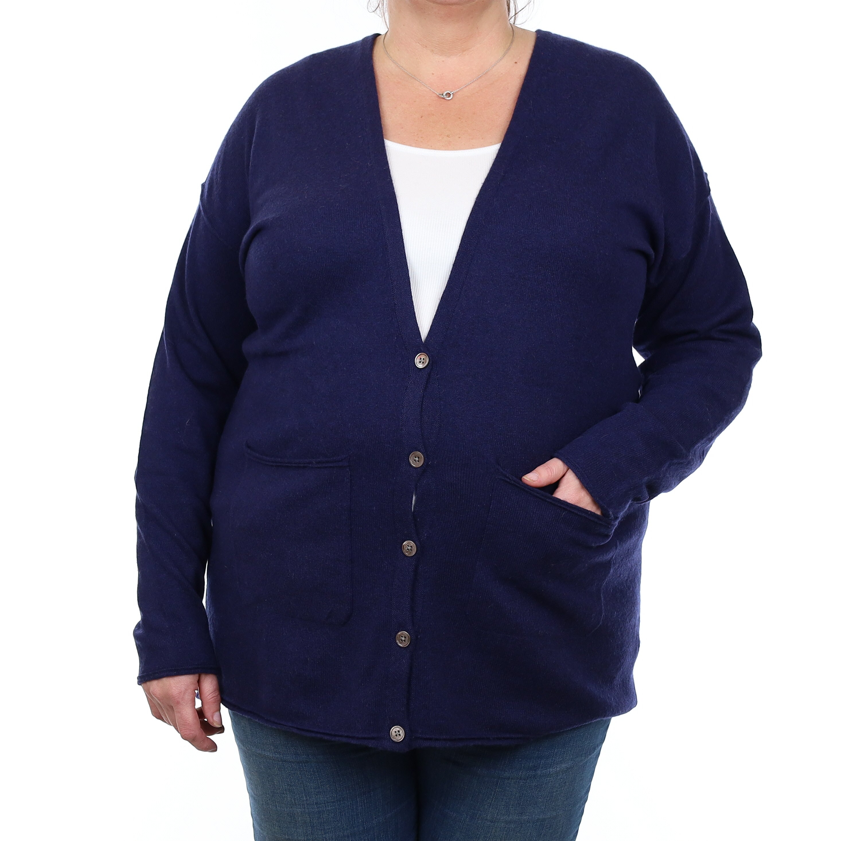 French Navy Cashmere V Neck Cardigan with Pockets Extra Large