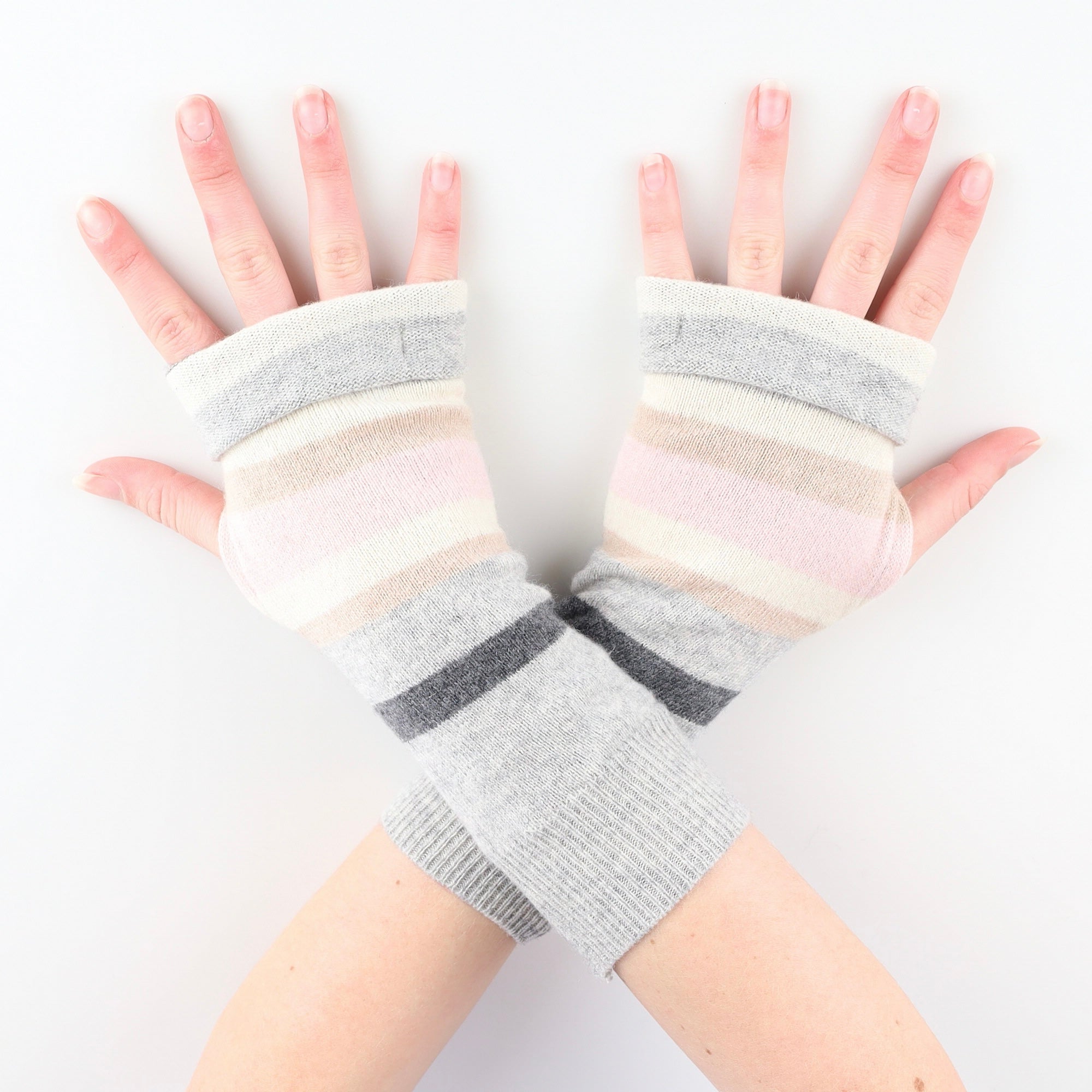 Grey and Pastel Striped Fingerless Gloves