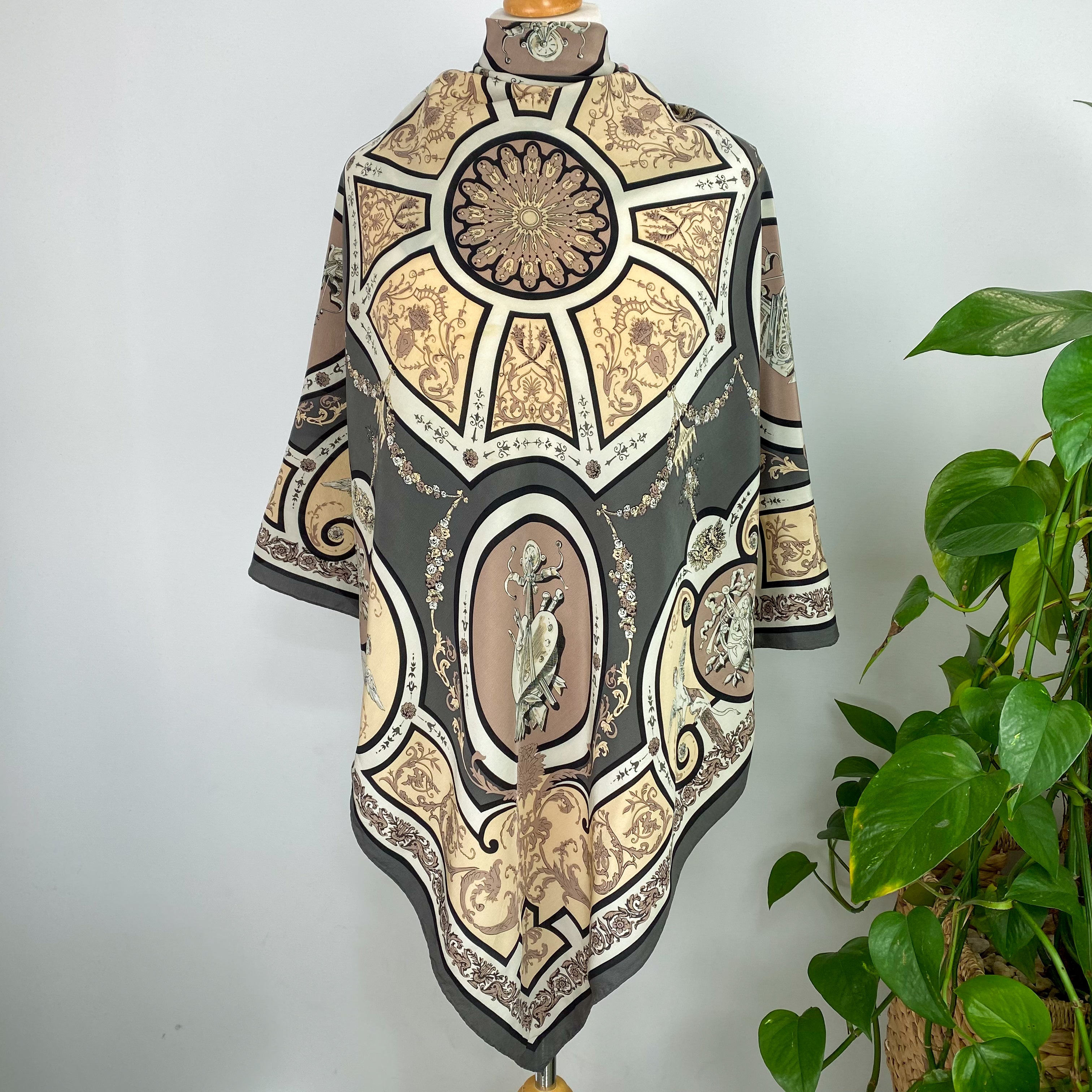 Vintage English Eccentrics Designer Black and Taupe Silk Scarf