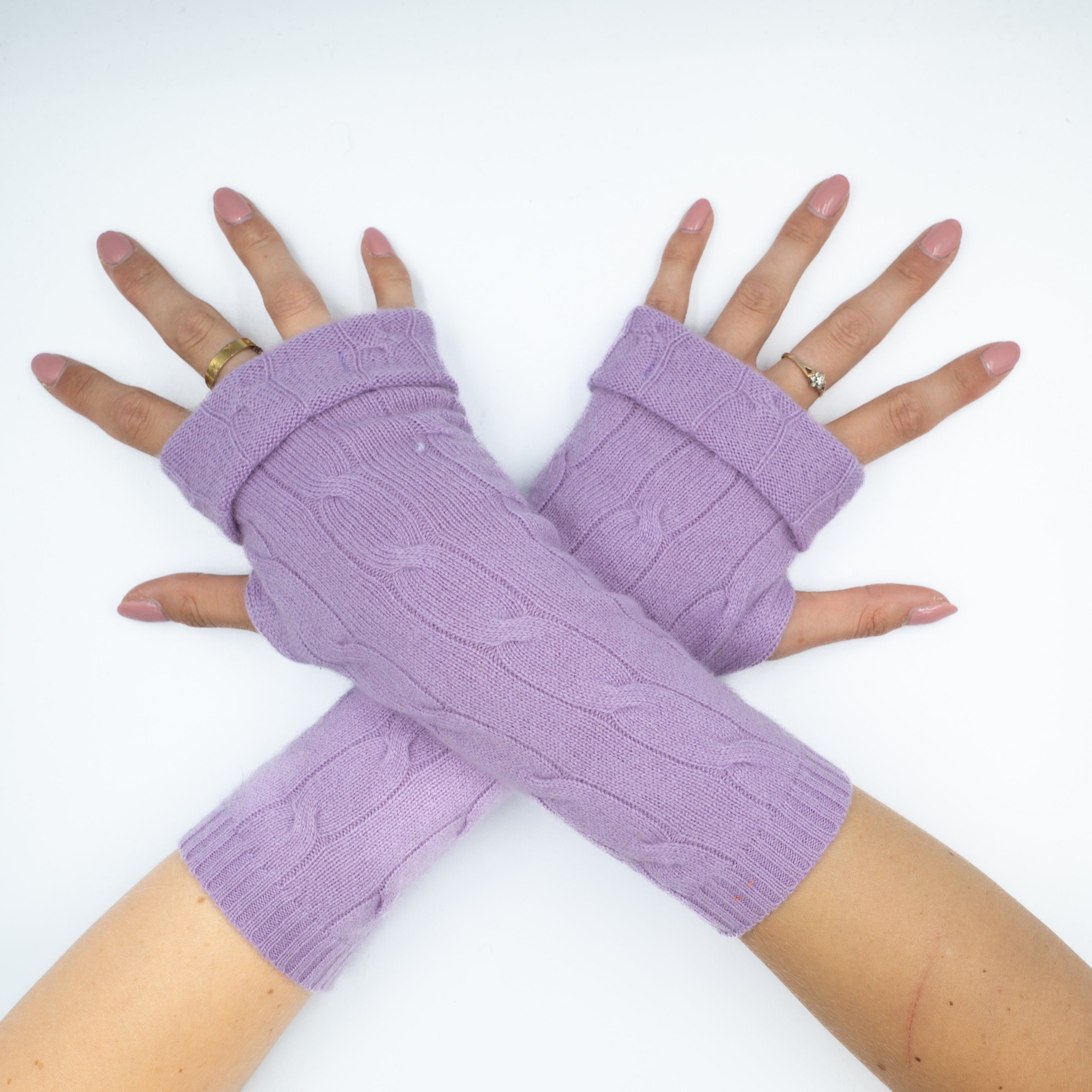 Lilac Pink Cable Fingerless Gloves