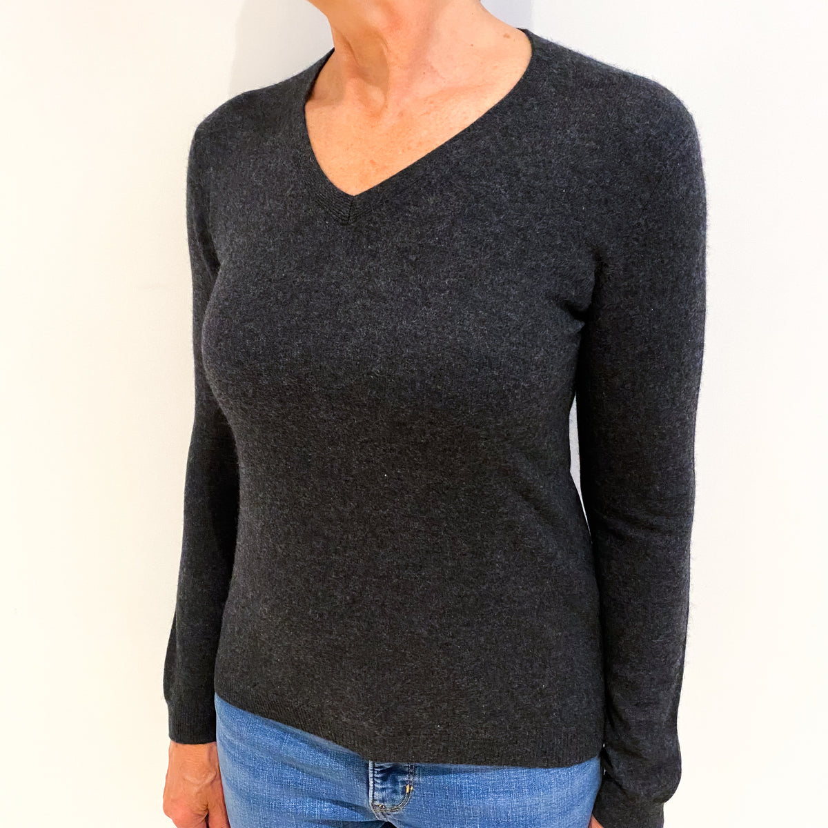 Charcoal Grey Cashmere V Neck Jumper Medium