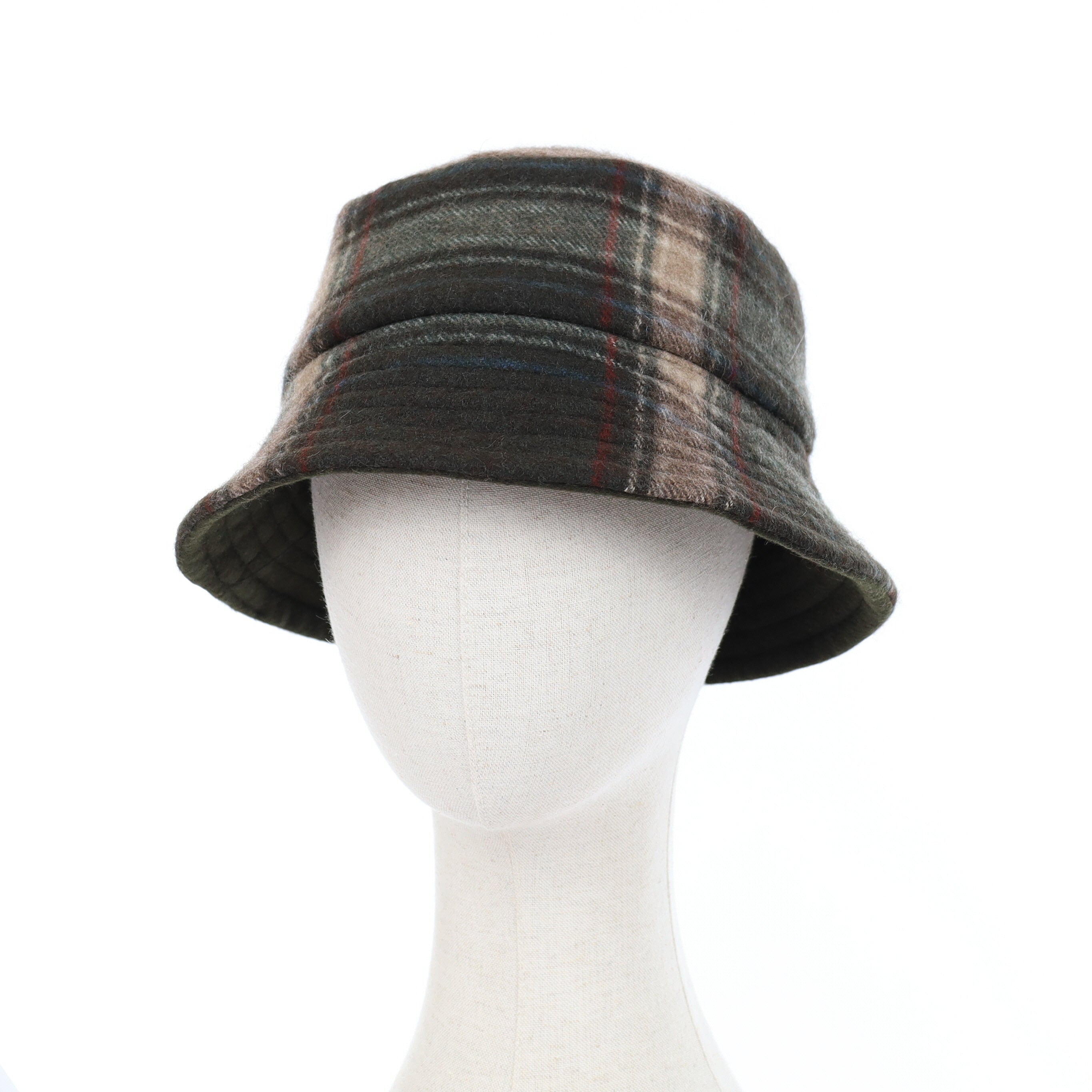 Brown Blue and Red Plaid Reversible Cashmere Bucket Hat Medium
