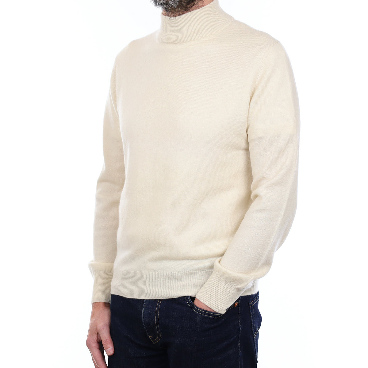 Men's Ivory Cashmere Collared Turtle Neck Jumper Small