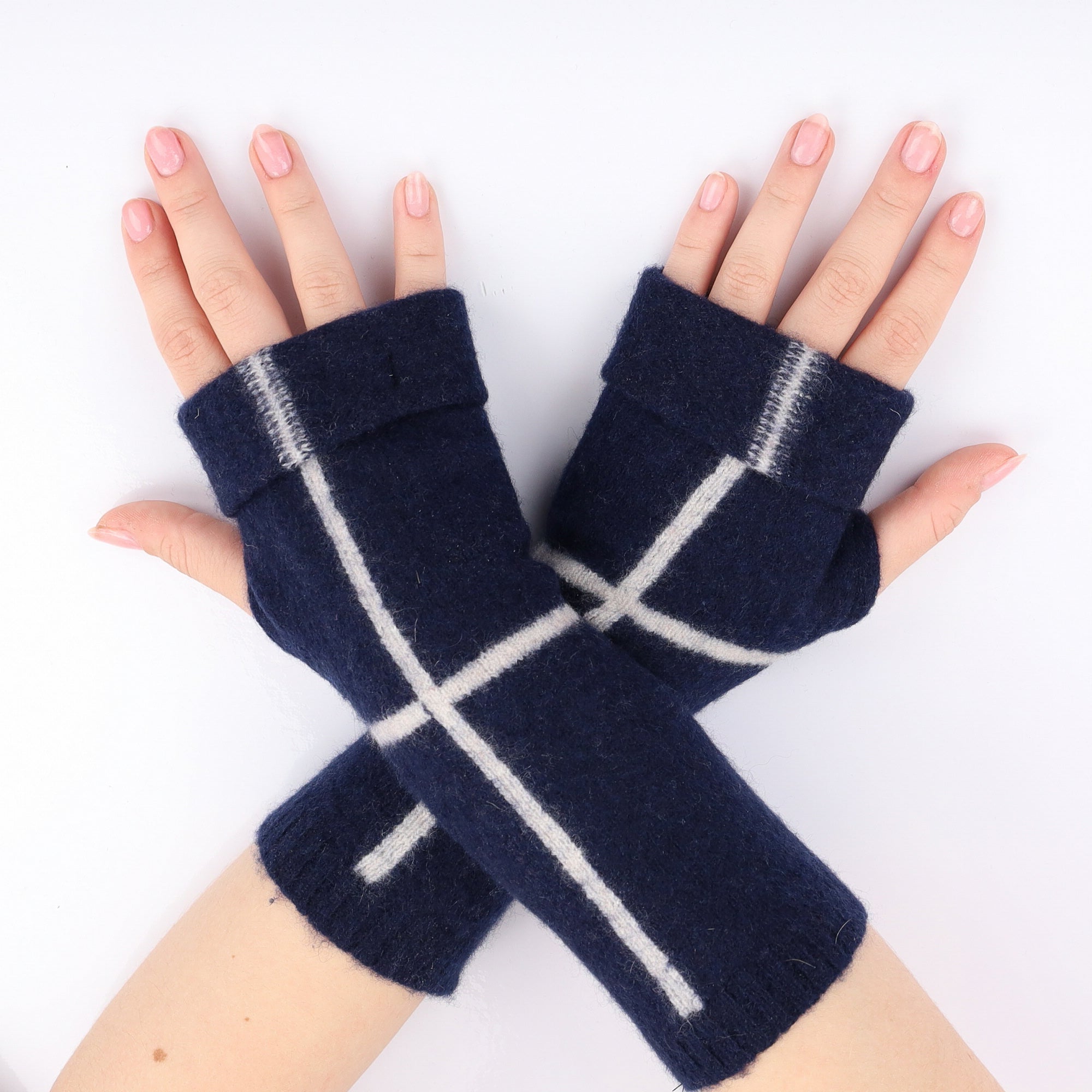 Navy with Ivory Cross Fingerless Gloves