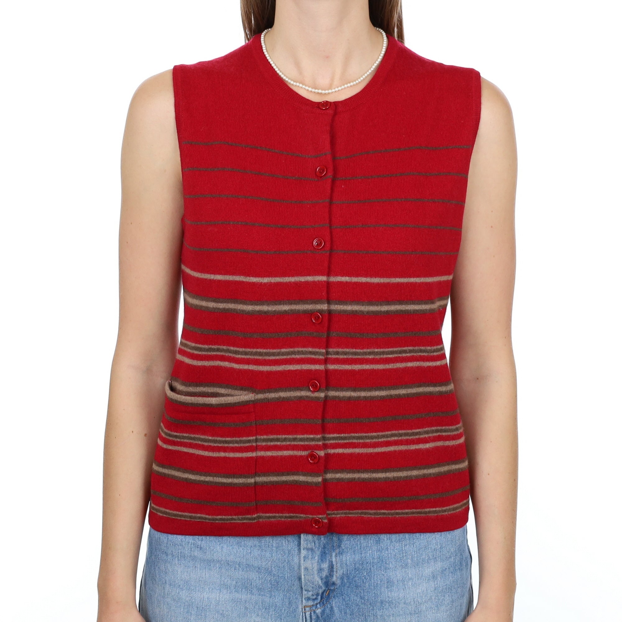 Red Striped Cashmere Sleeveless Cardigan with Pocket Medium