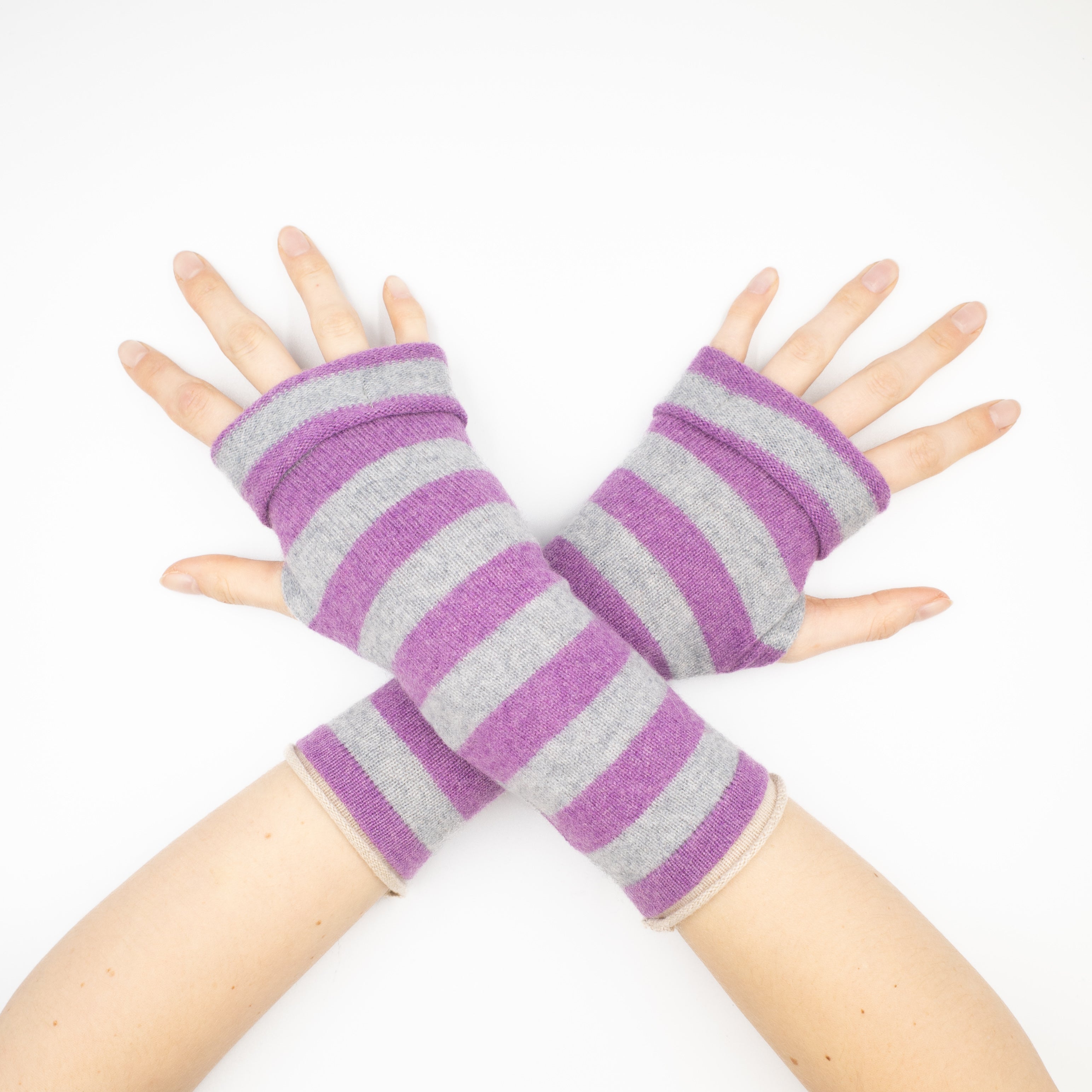 Purple Grey Striped Fingerless Gloves