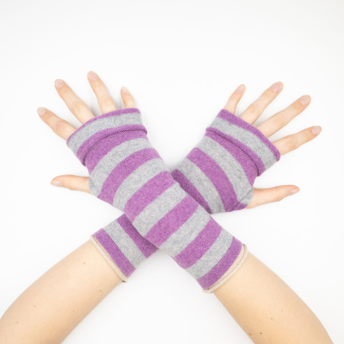 Purple Grey Striped Fingerless Gloves