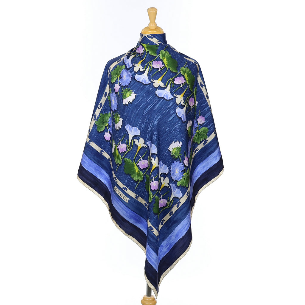 Gucci Blue Floral Vintage Silk Scarf