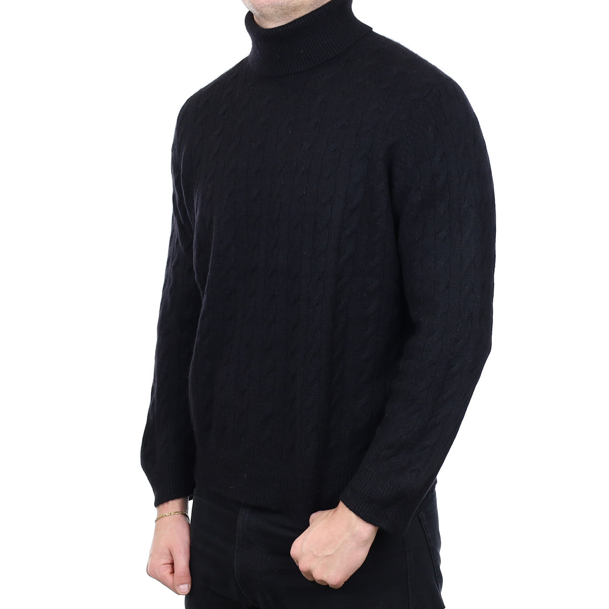 Men’s Black Cable Cashmere Polo Neck Jumper XXL