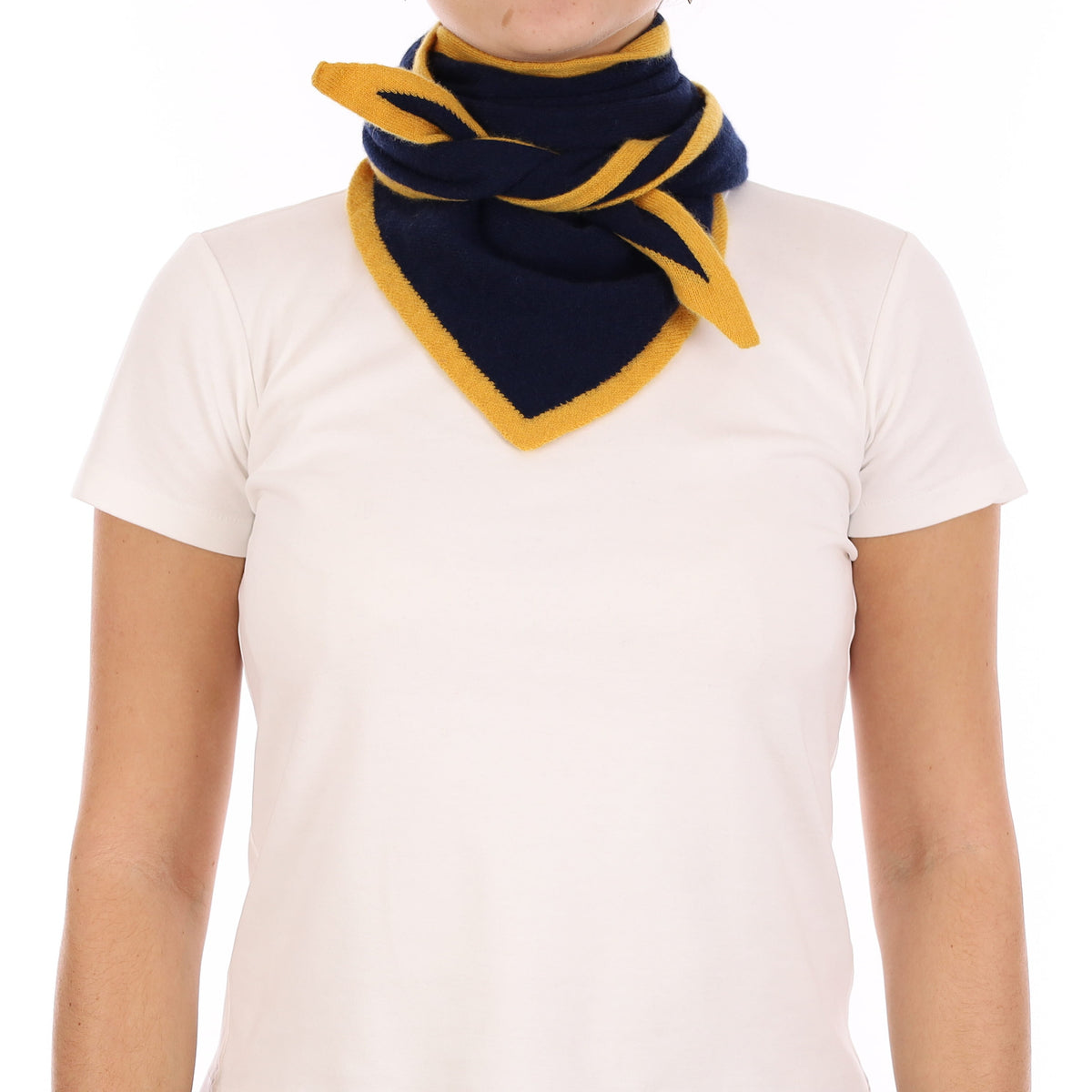 Brand New Navy and Mustard Recycled Cashmere Triangle Scarf