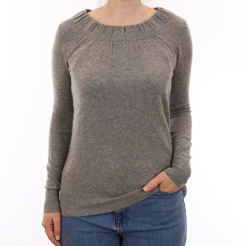 Ash Grey Cashmere Ruched Boat Neck Jumper Small