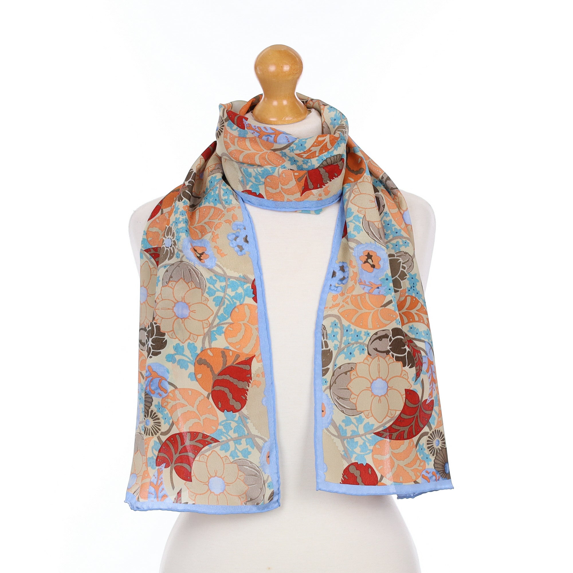 Brand New Blue and Peach Floral Silk Scarf