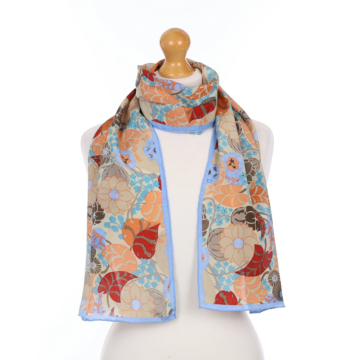 Brand New Blue and Peach Floral Silk Scarf