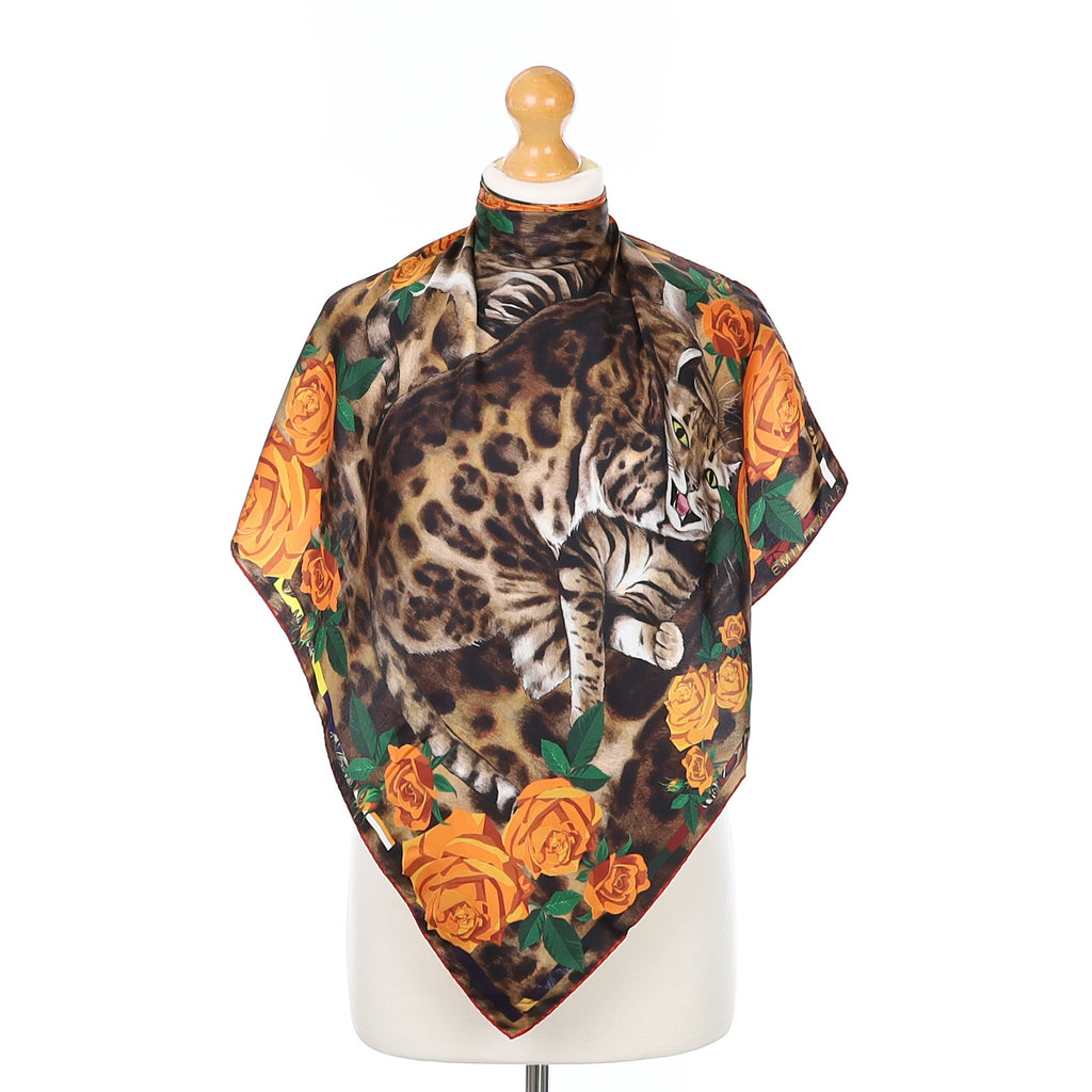 Emilia Mala Cat In Roses Silk Scarf