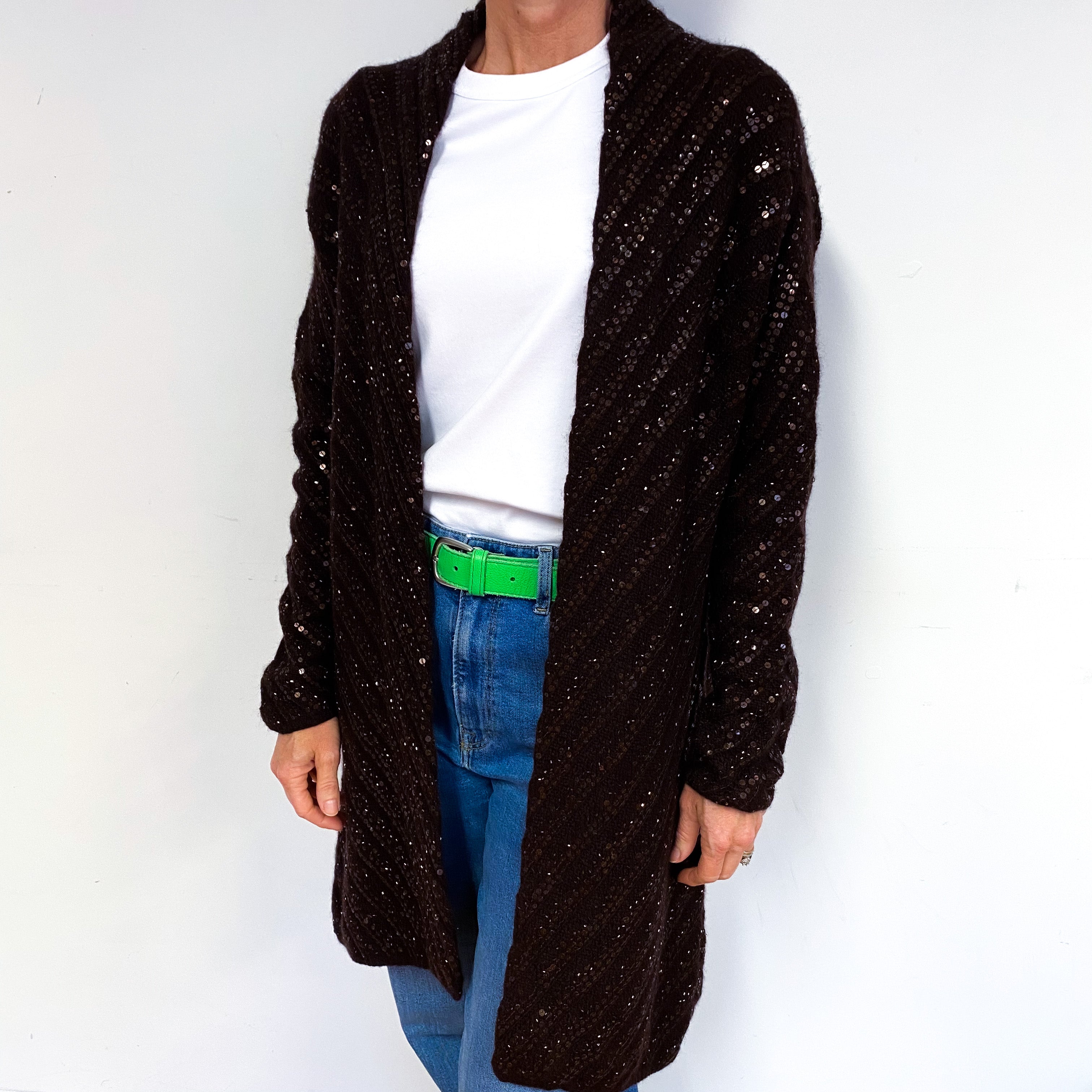 Brown Sequinned Chunky Cashmere Edge to Edge Cardigan Medium
