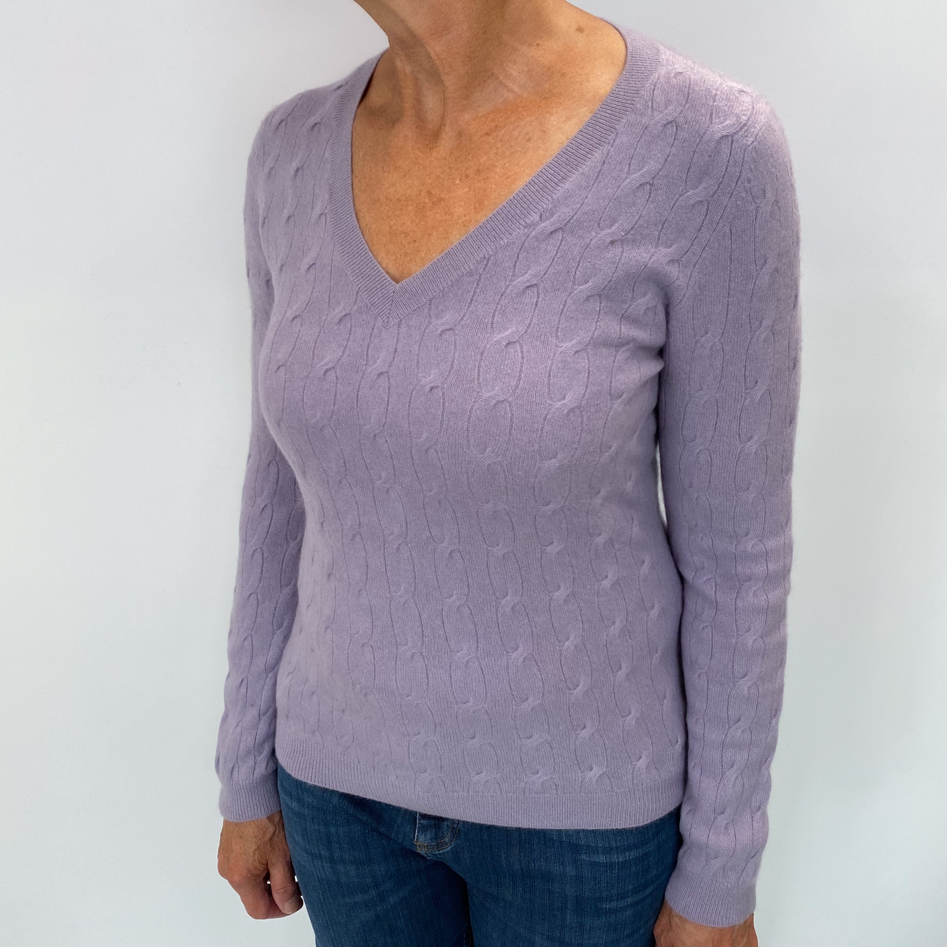 Lavender Purple Cashmere V Neck Cable Knit Jumper Medium