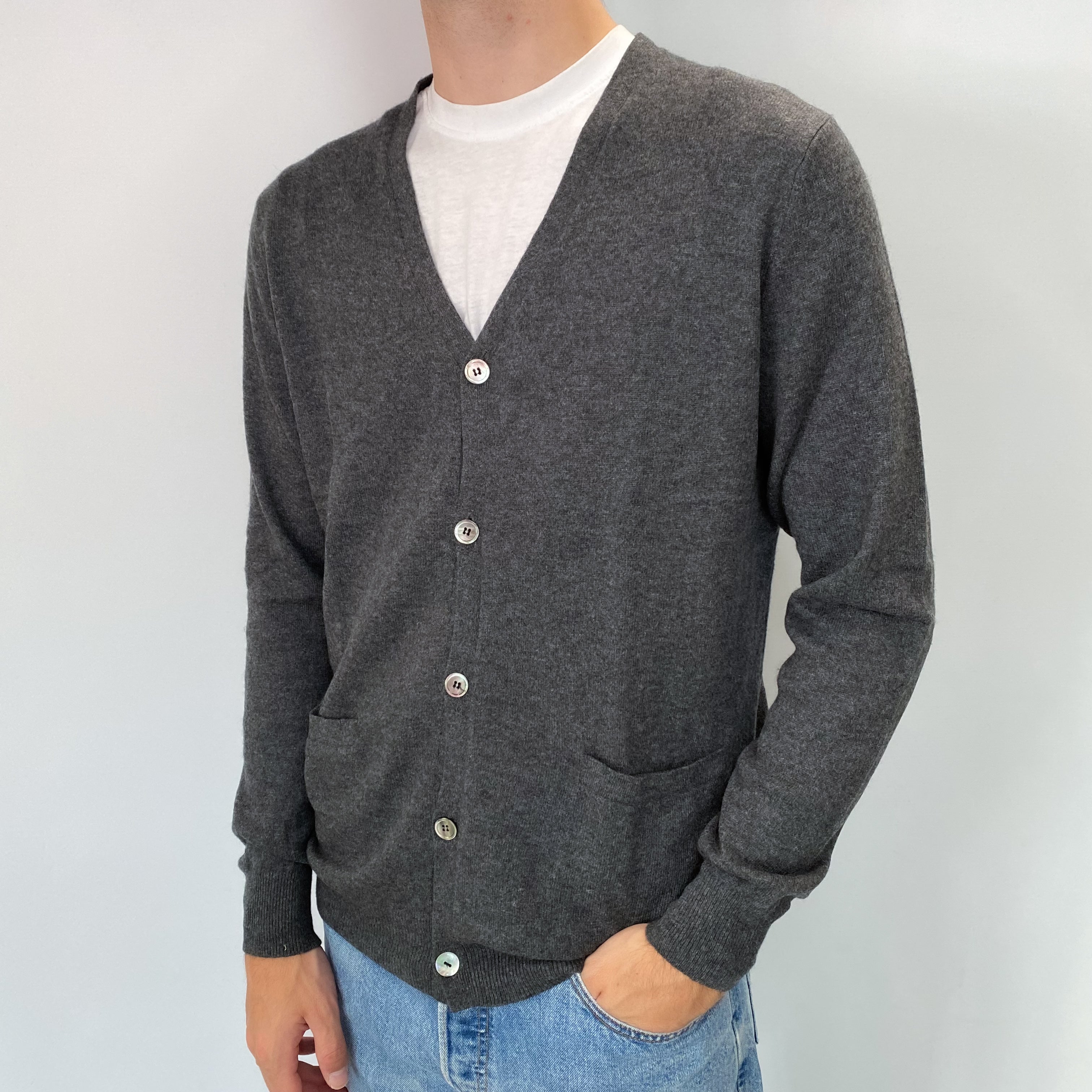 Men's Slate Grey Cashmere V Neck Cardigan Large