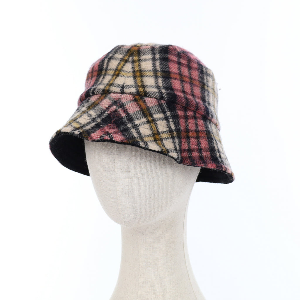 Pink Black and Cream Patterned Reversible Cashmere Bucket Hat Medium