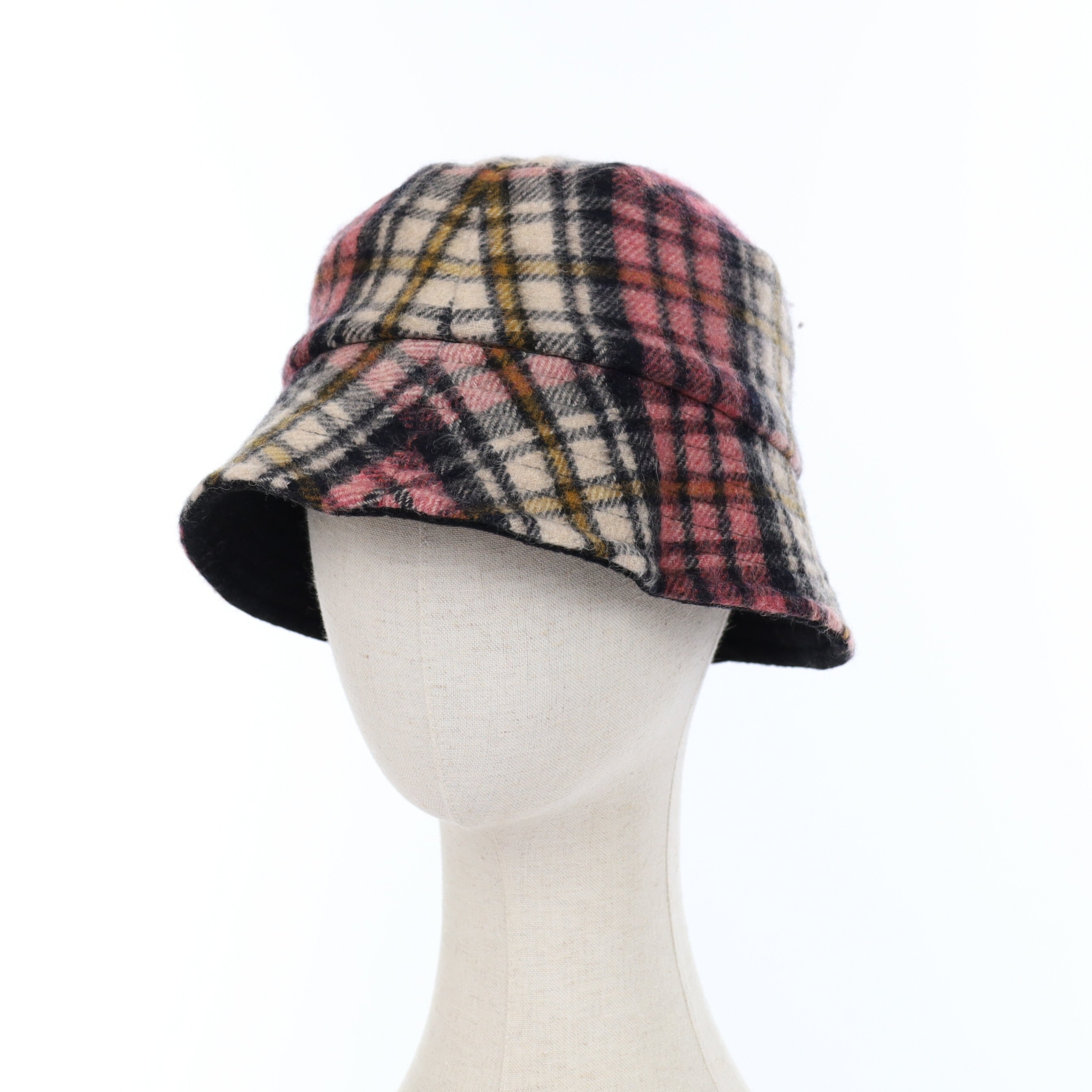 Pink Black and Cream Patterned Reversible Cashmere Bucket Hat Medium