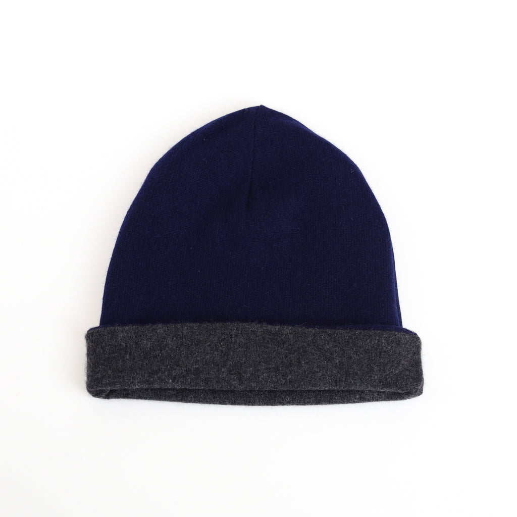 Navy and Charcoal Grey Reversible Cashmere Beanie Hat